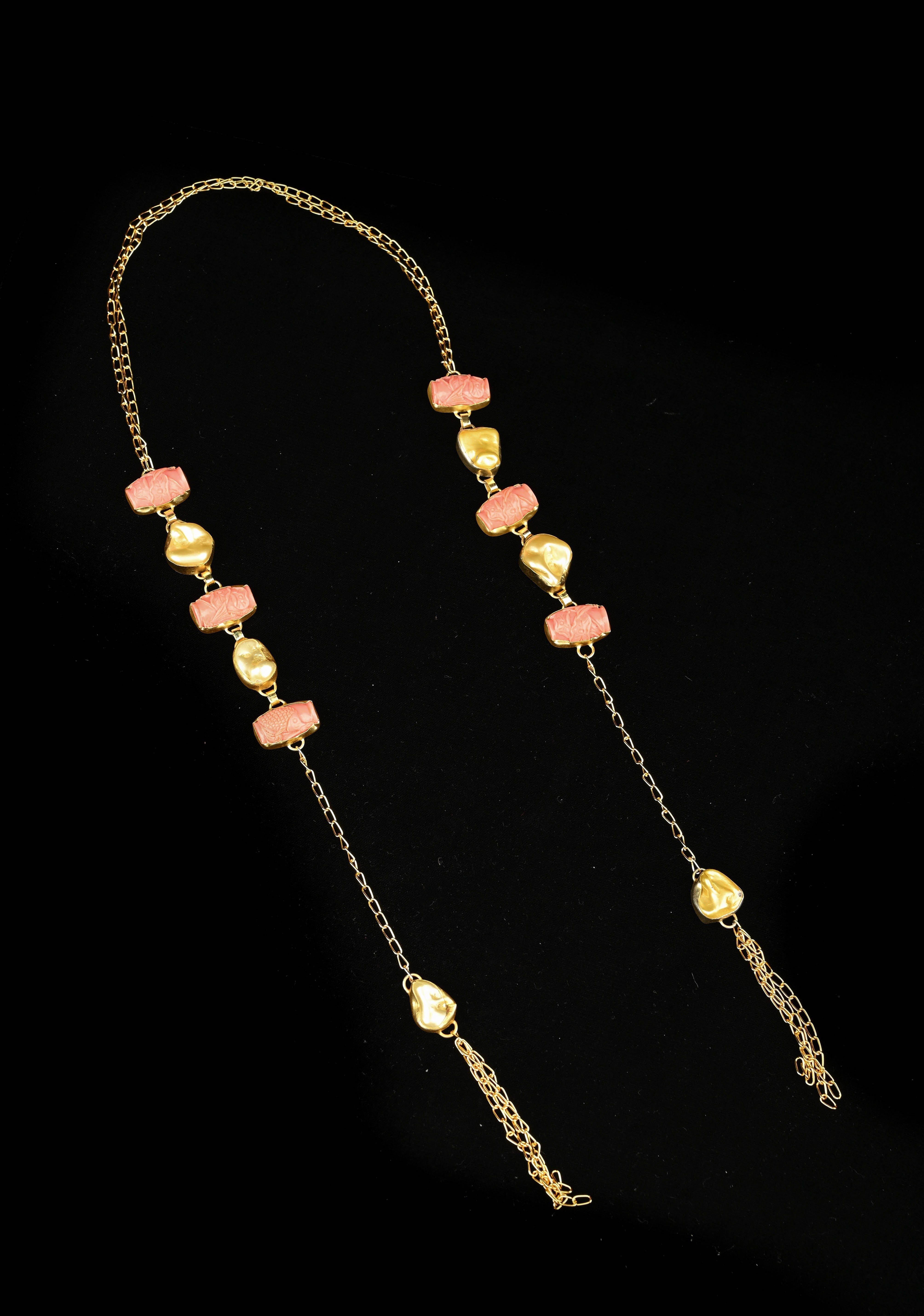 Yellow Pearl Tie Necklace with  Carved Embellishments | Shobitam