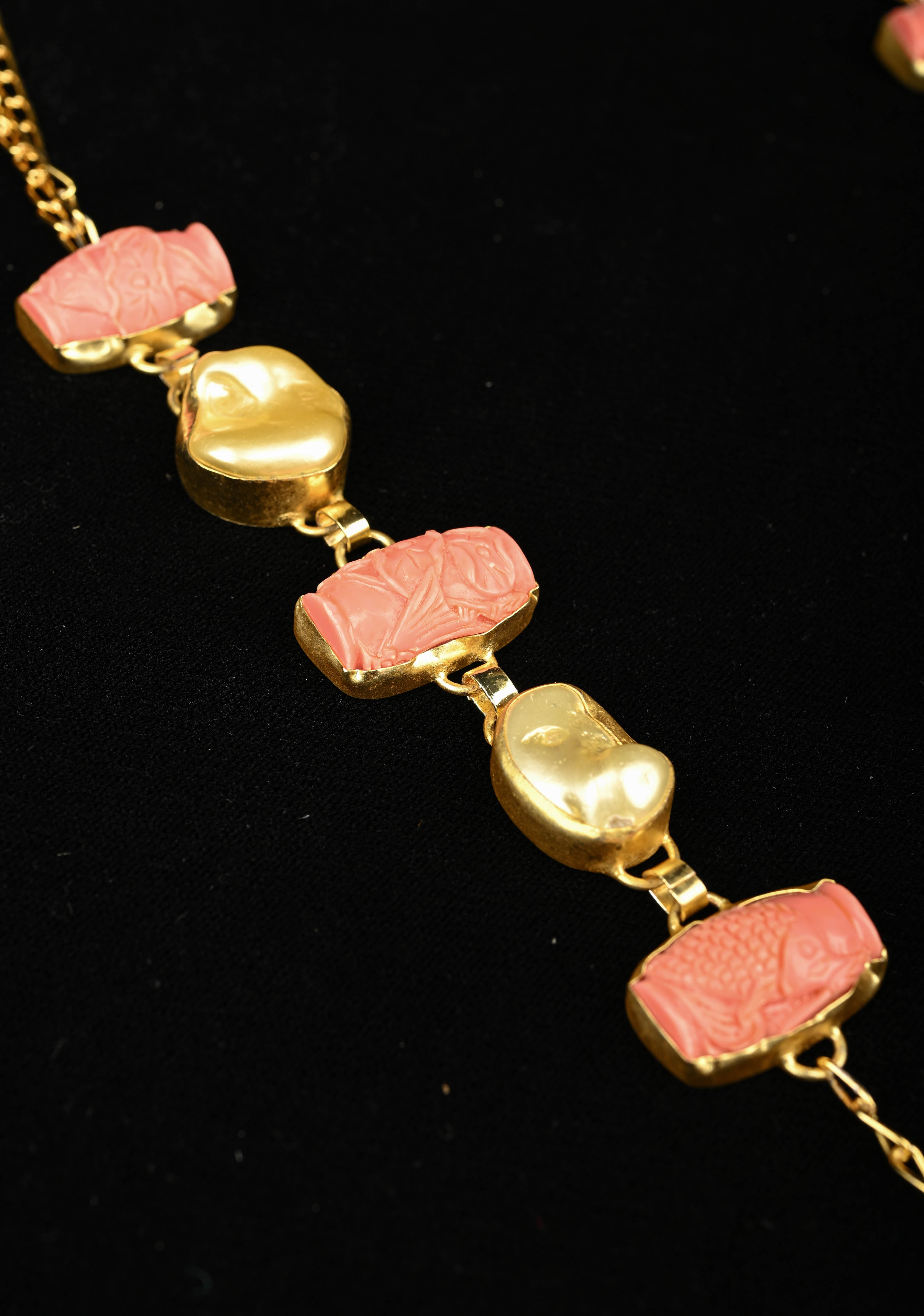 Yellow Pearl Tie Necklace with  Carved Embellishments | Shobitam