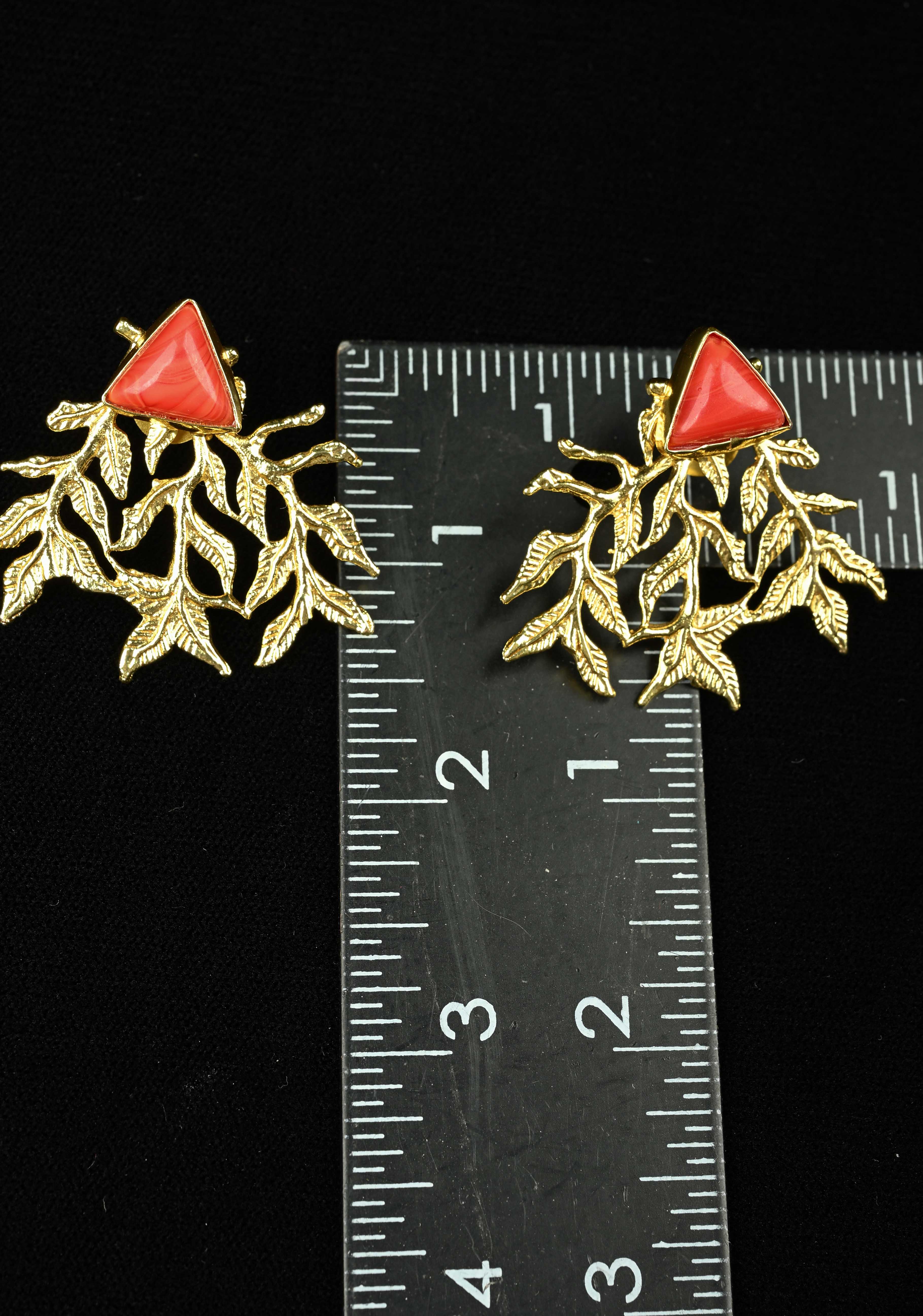 Stud Earring With Coral Triangular-Shaped Stone and Gold Leaf Design | Shobitam