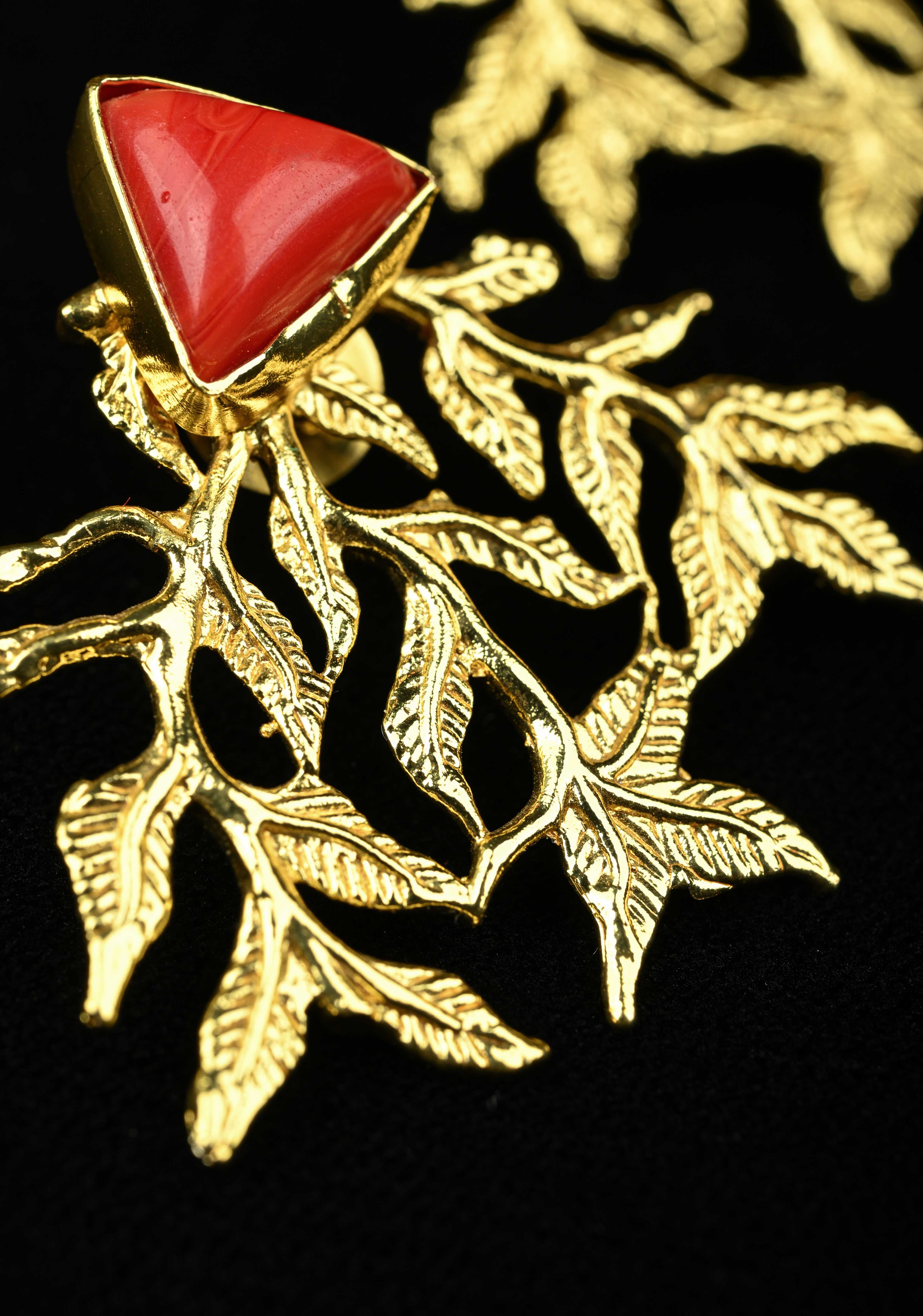 Stud Earring With Coral Triangular-Shaped Stone and Gold Leaf Design | Shobitam