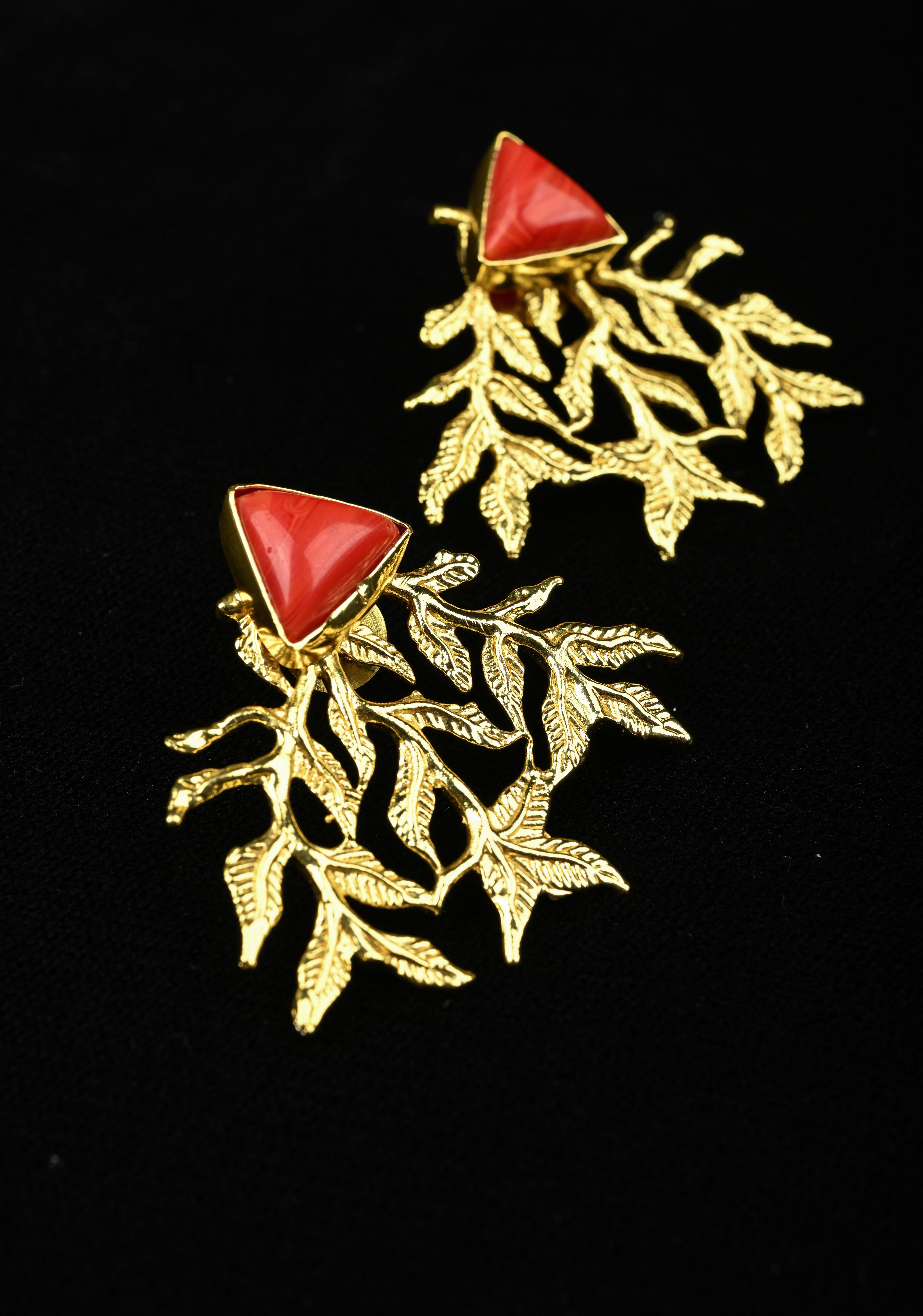 Stud Earring With Coral Triangular-Shaped Stone and Gold Leaf Design | Shobitam