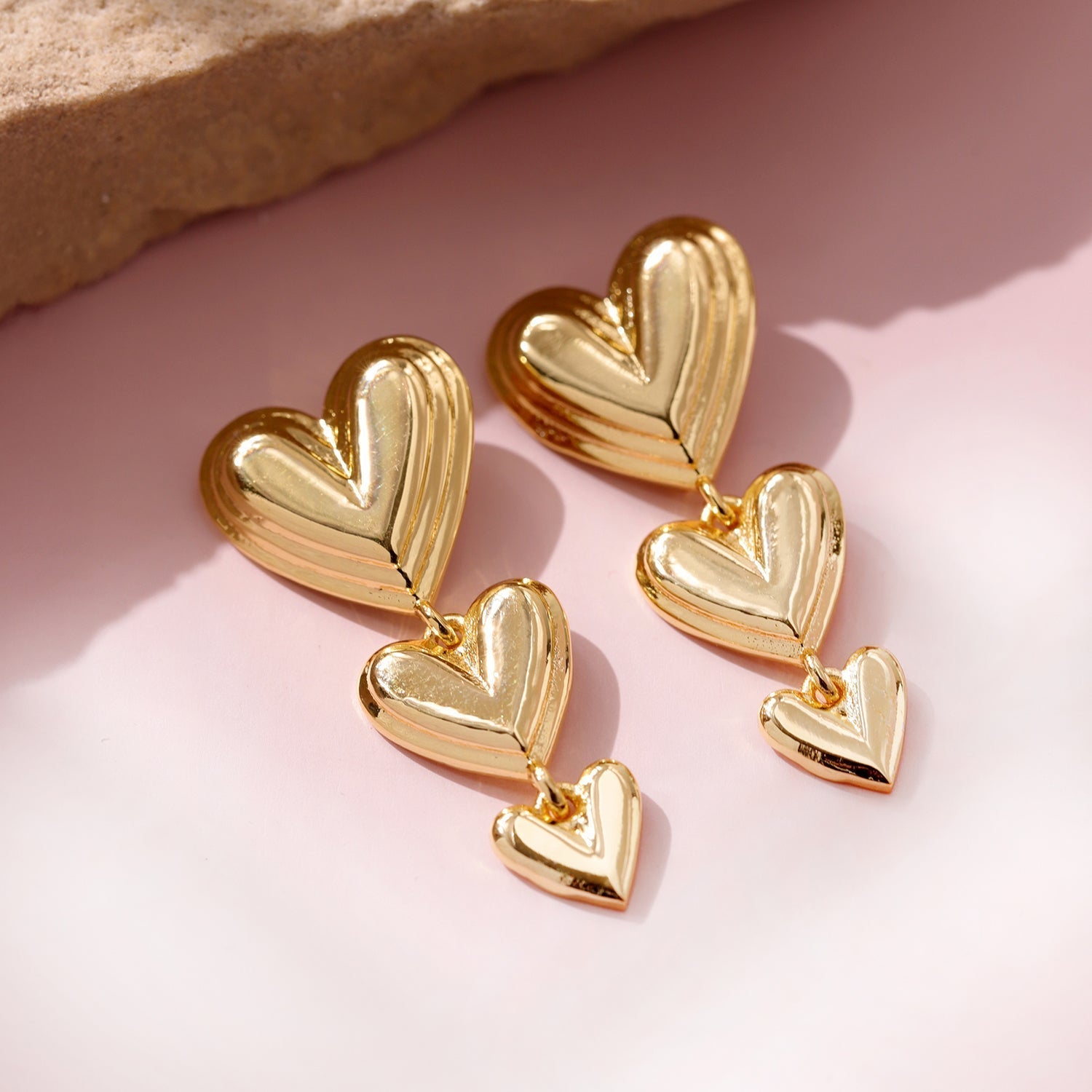 Valentine’s Day Triple Heartfall Gold Dangler Earrings | SHOBITAM