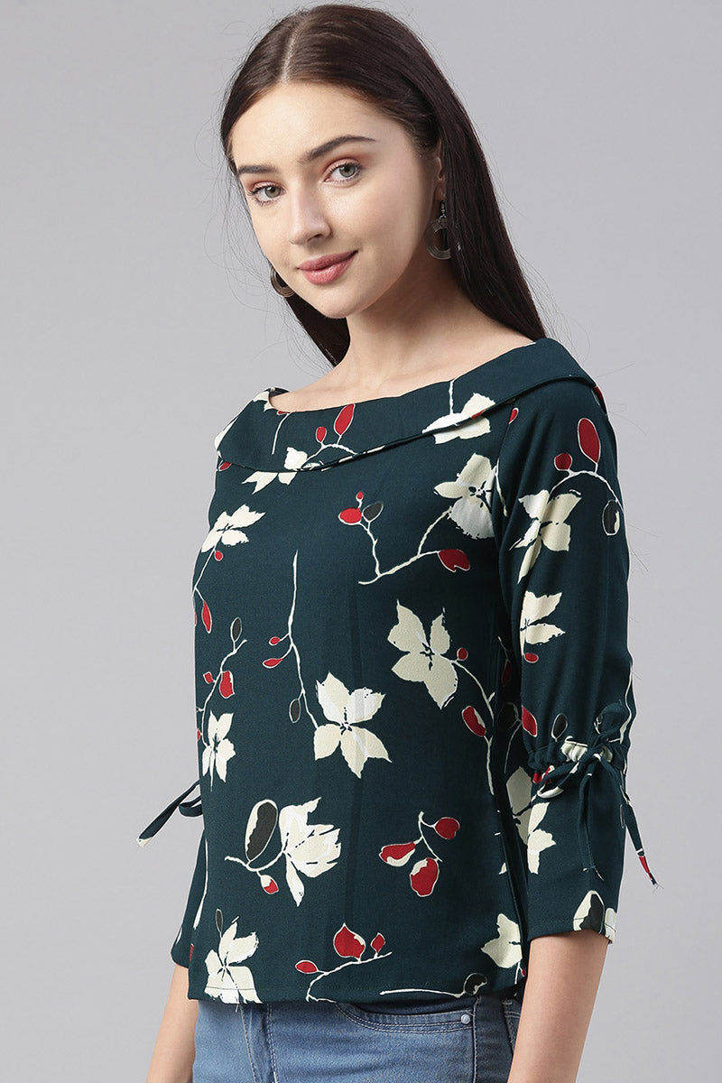 Teal Georgette Floral Printed Regular Top   | SHOBITAM