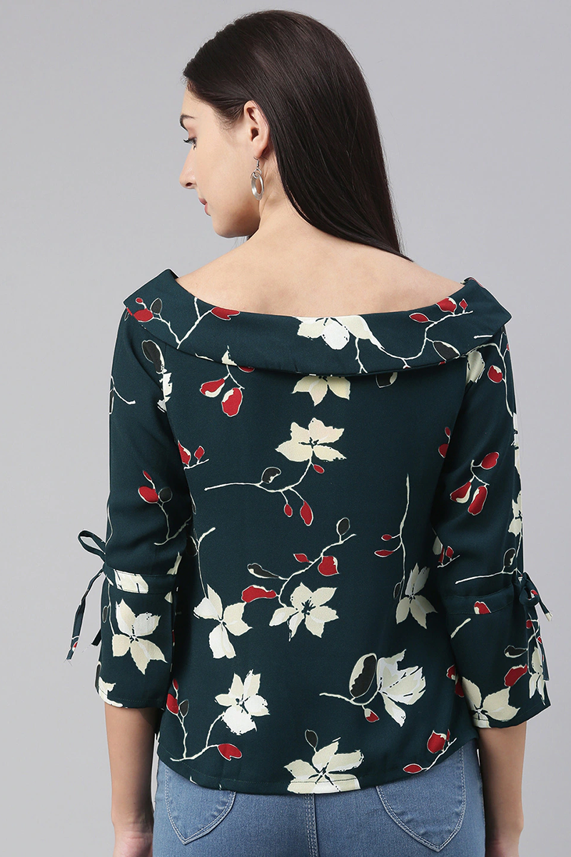 Teal Georgette Floral Printed Regular Top   | SHOBITAM