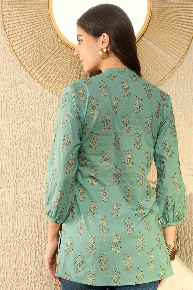 Sea Green Cotton Blend Floral Printed Regular Tunic | SHOBITAM