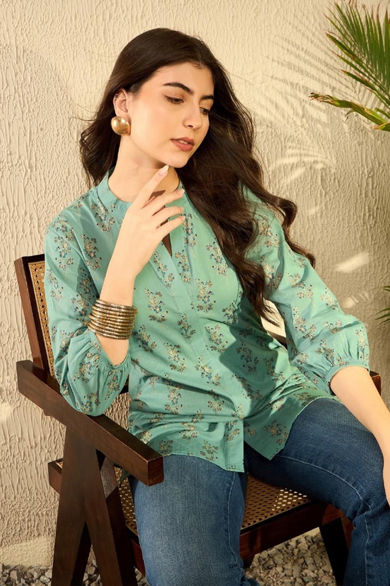 Sea Green Cotton Blend Floral Printed Regular Tunic | SHOBITAM