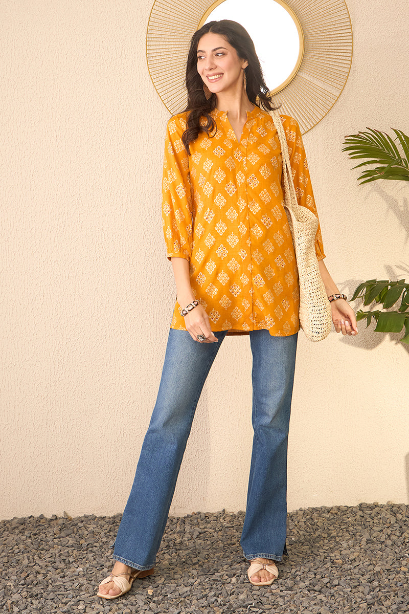 Yellow Cotton Blend Floral Printed Regular Top | SHOBITAM