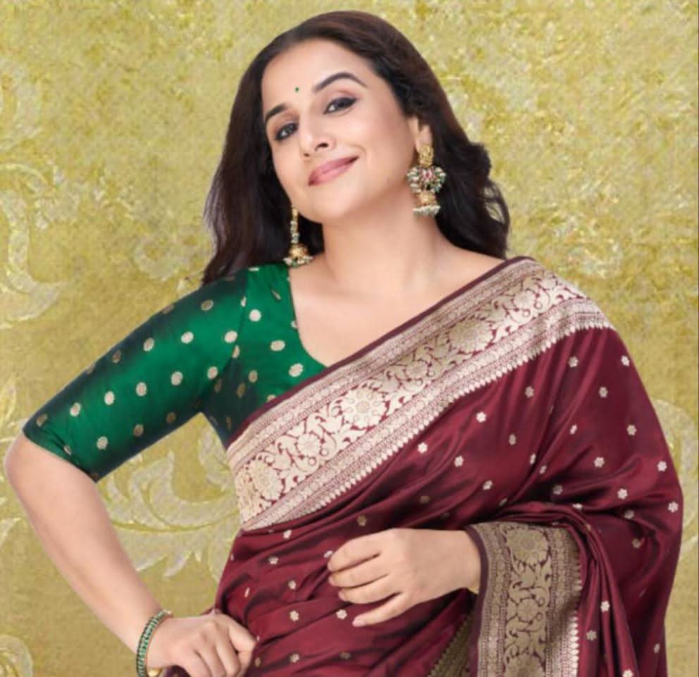 Vidya Balan Kanjivaram Pure Silk Blouse in Emerald Green with zari buttas , Mix and match Blouse for saree | Shobitam