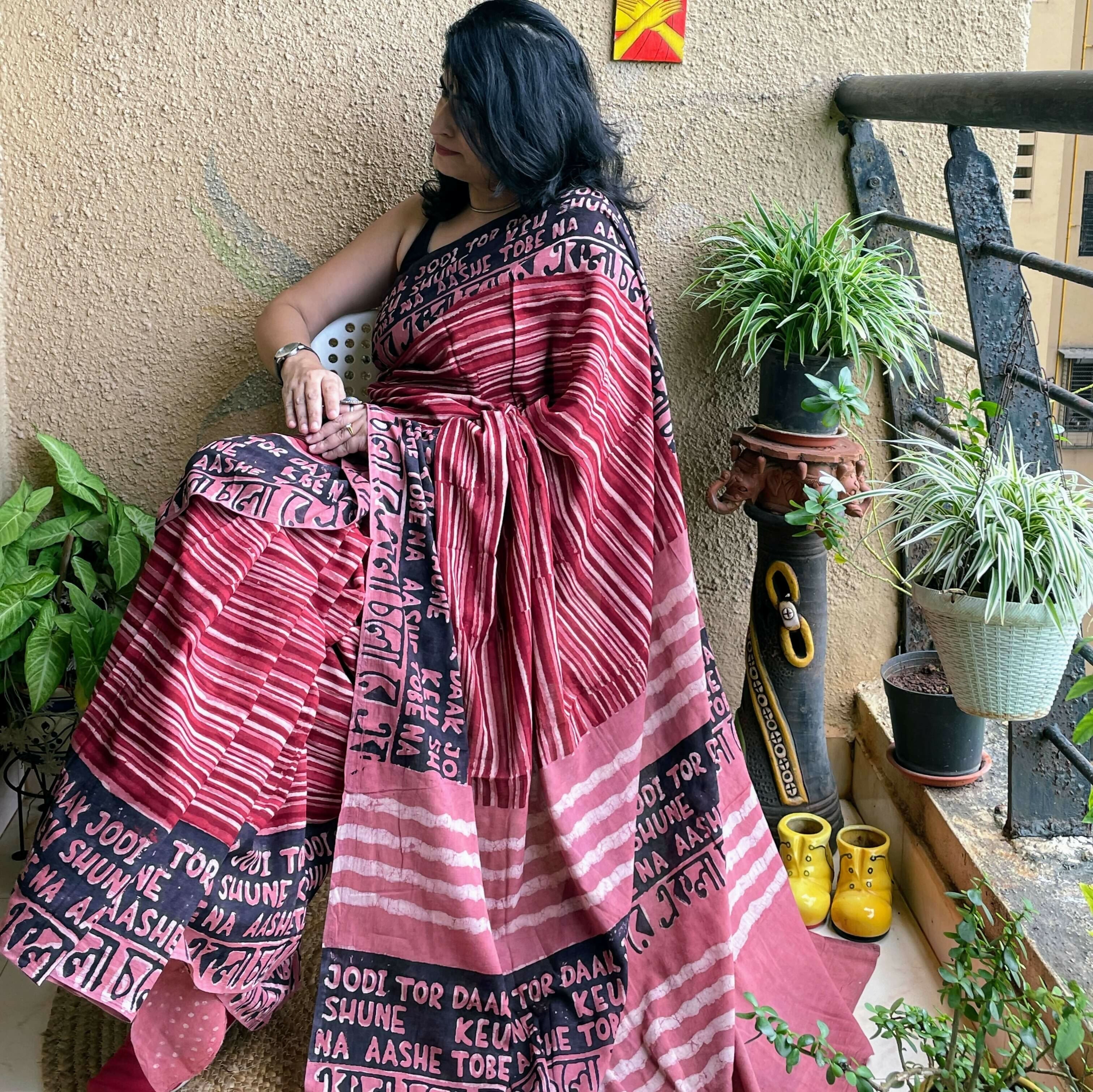 Sahiba Ekla chalo Dabu Block Printed Cotton Saree | Shobitam