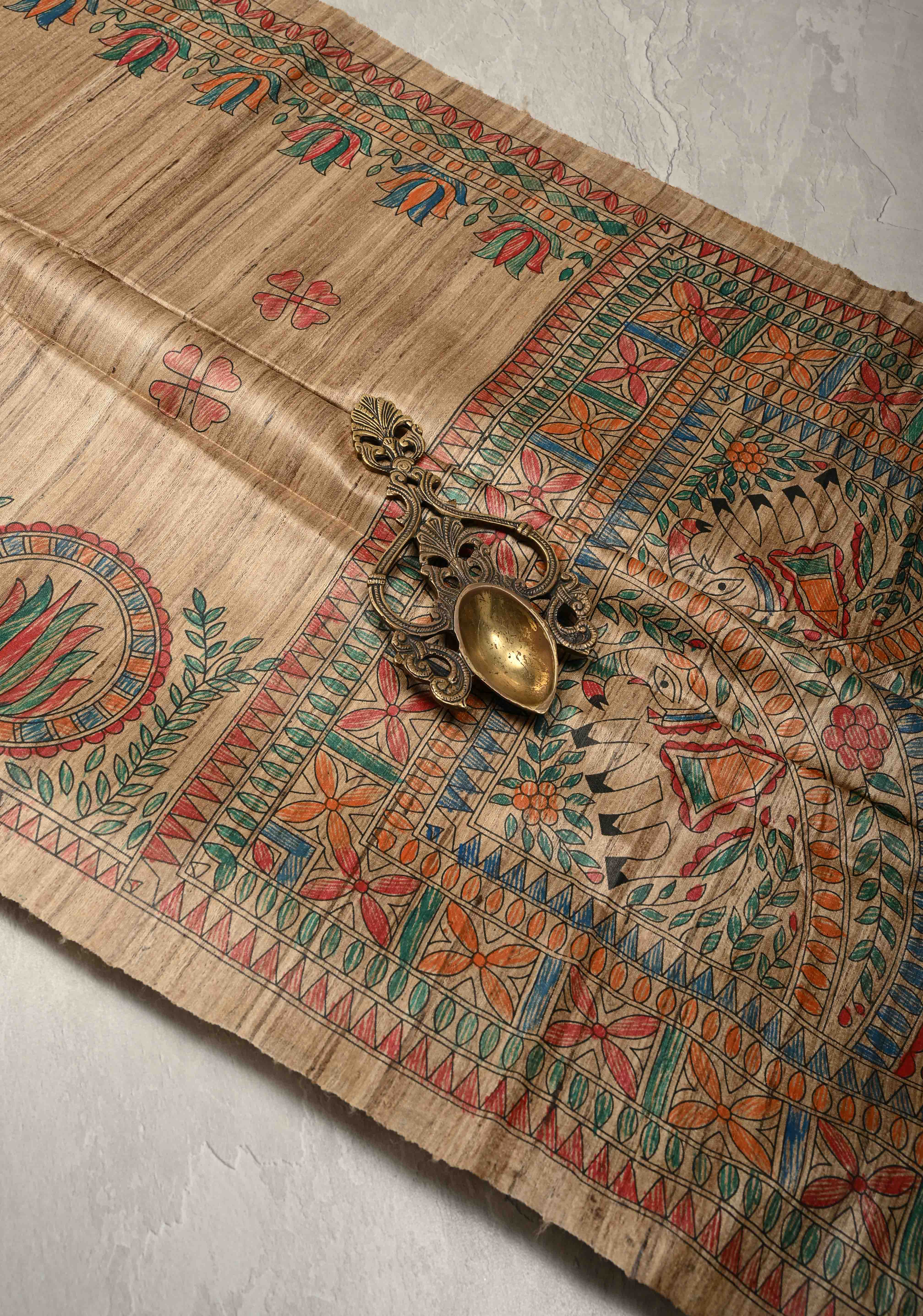 Beige Desi Tussar Madhubani Hand-Painted Saree  | SILK MARK CERTIFIED | Shobitam