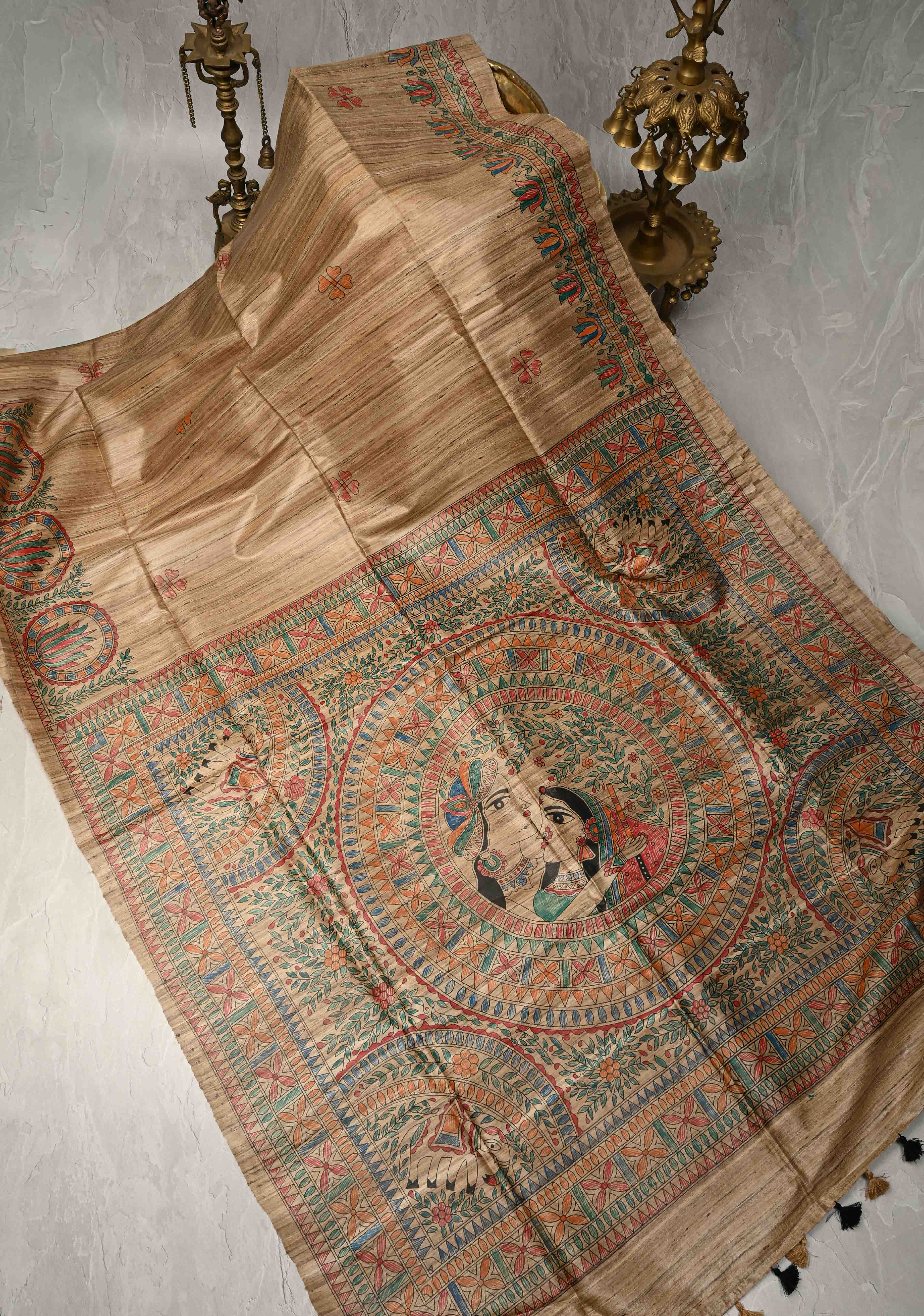 Beige Desi Tussar Madhubani Hand-Painted Saree  | SILK MARK CERTIFIED | Shobitam