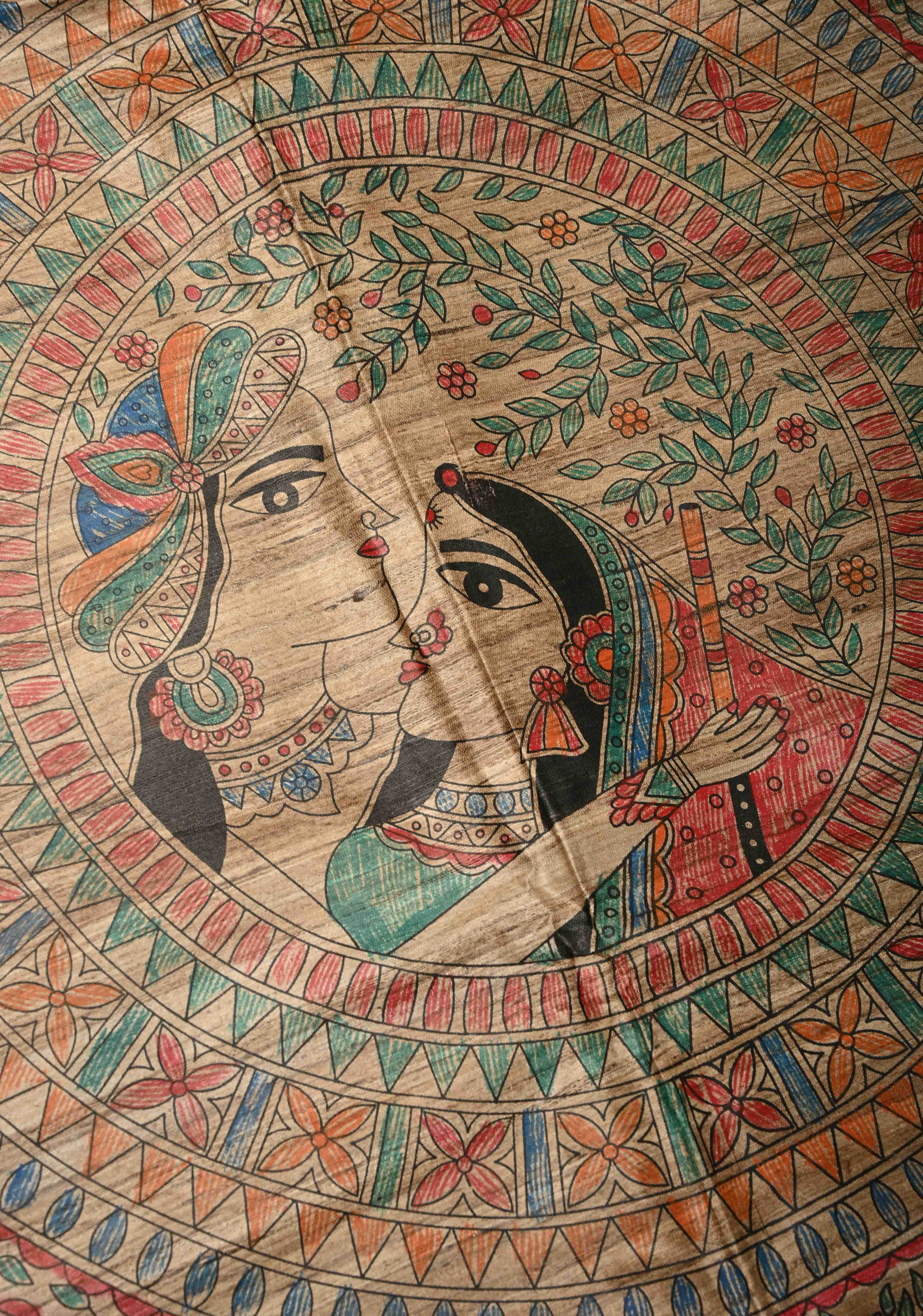 Beige Desi Tussar Madhubani Hand-Painted Saree  | SILK MARK CERTIFIED | Shobitam