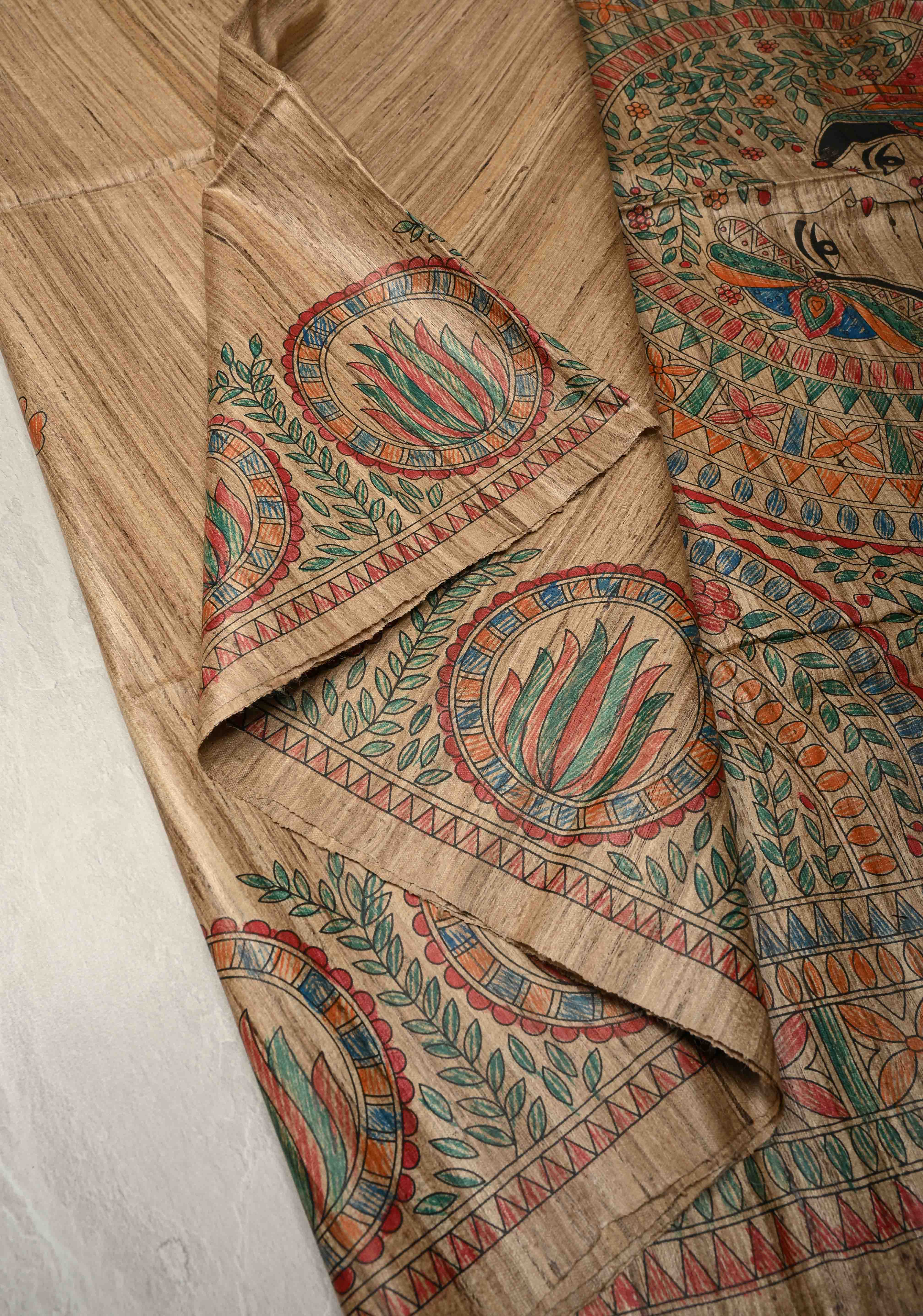 Beige Desi Tussar Madhubani Hand-Painted Saree  | SILK MARK CERTIFIED | Shobitam