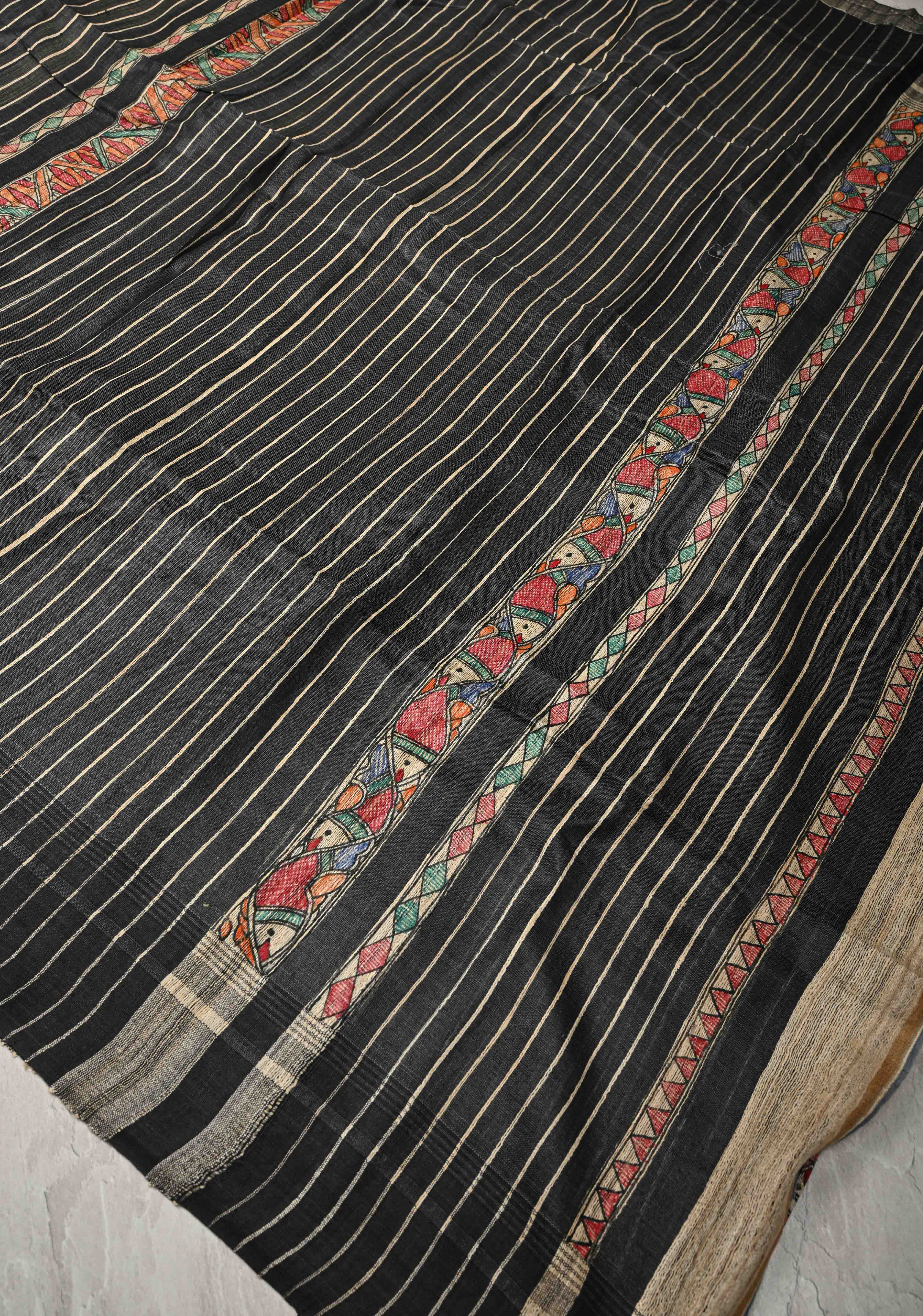Beige Desi Tussar Madhubani Hand-Painted Saree  | SILK MARK CERTIFIED | Shobitam