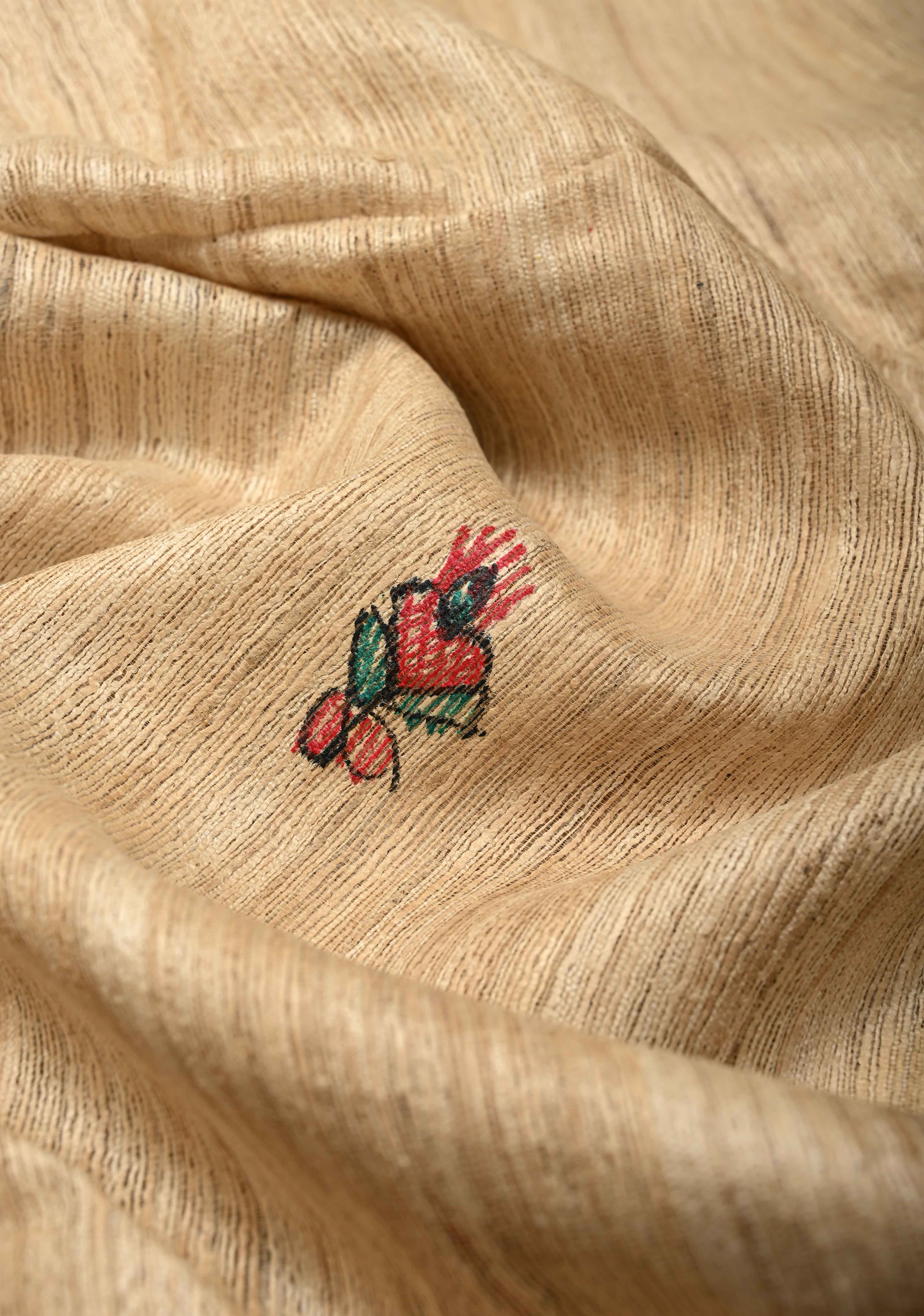 Beige Desi Tussar Madhubani Hand-Painted Saree  | SILK MARK CERTIFIED | Shobitam