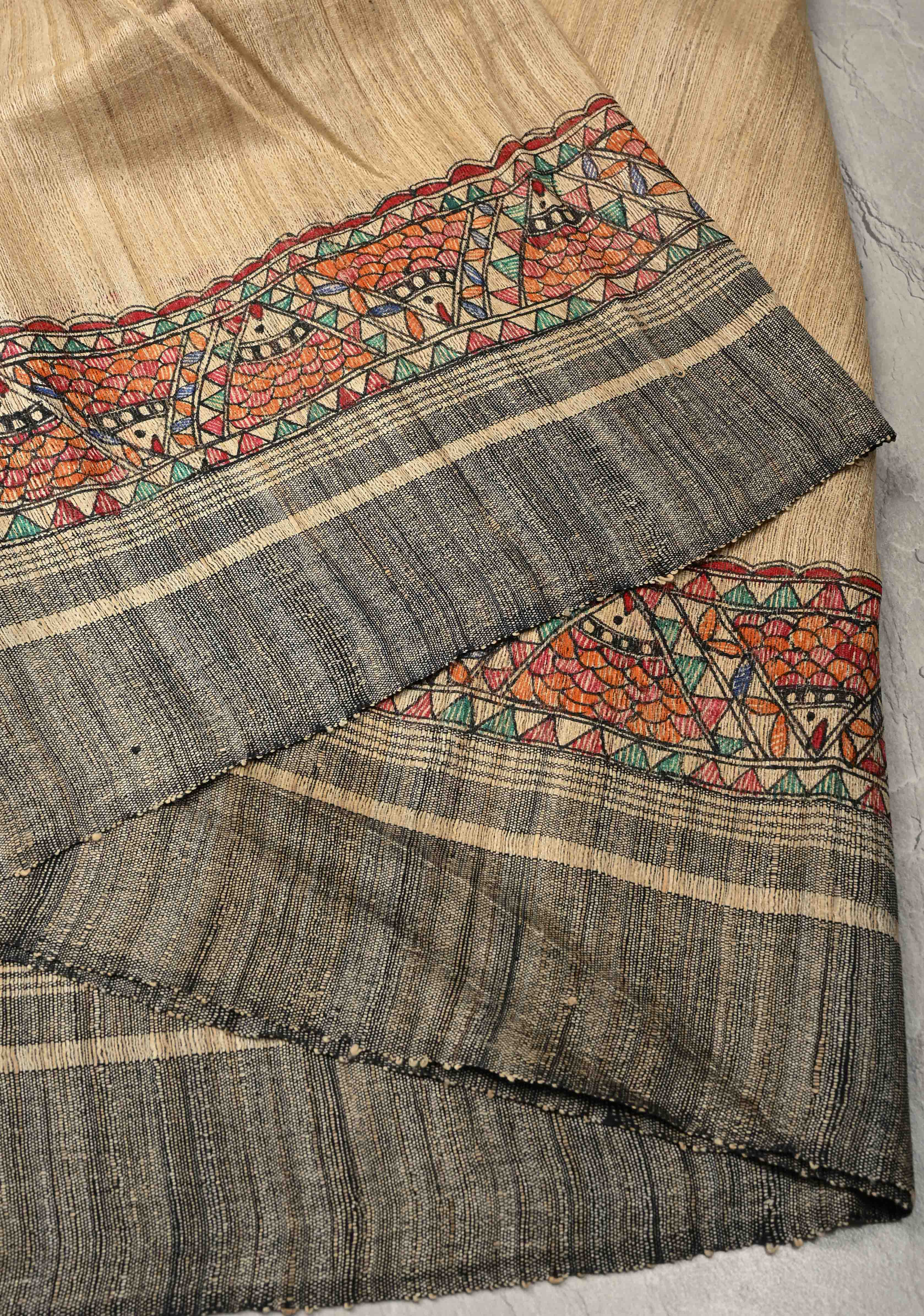 Beige Desi Tussar Madhubani Hand-Painted Saree  | SILK MARK CERTIFIED | Shobitam
