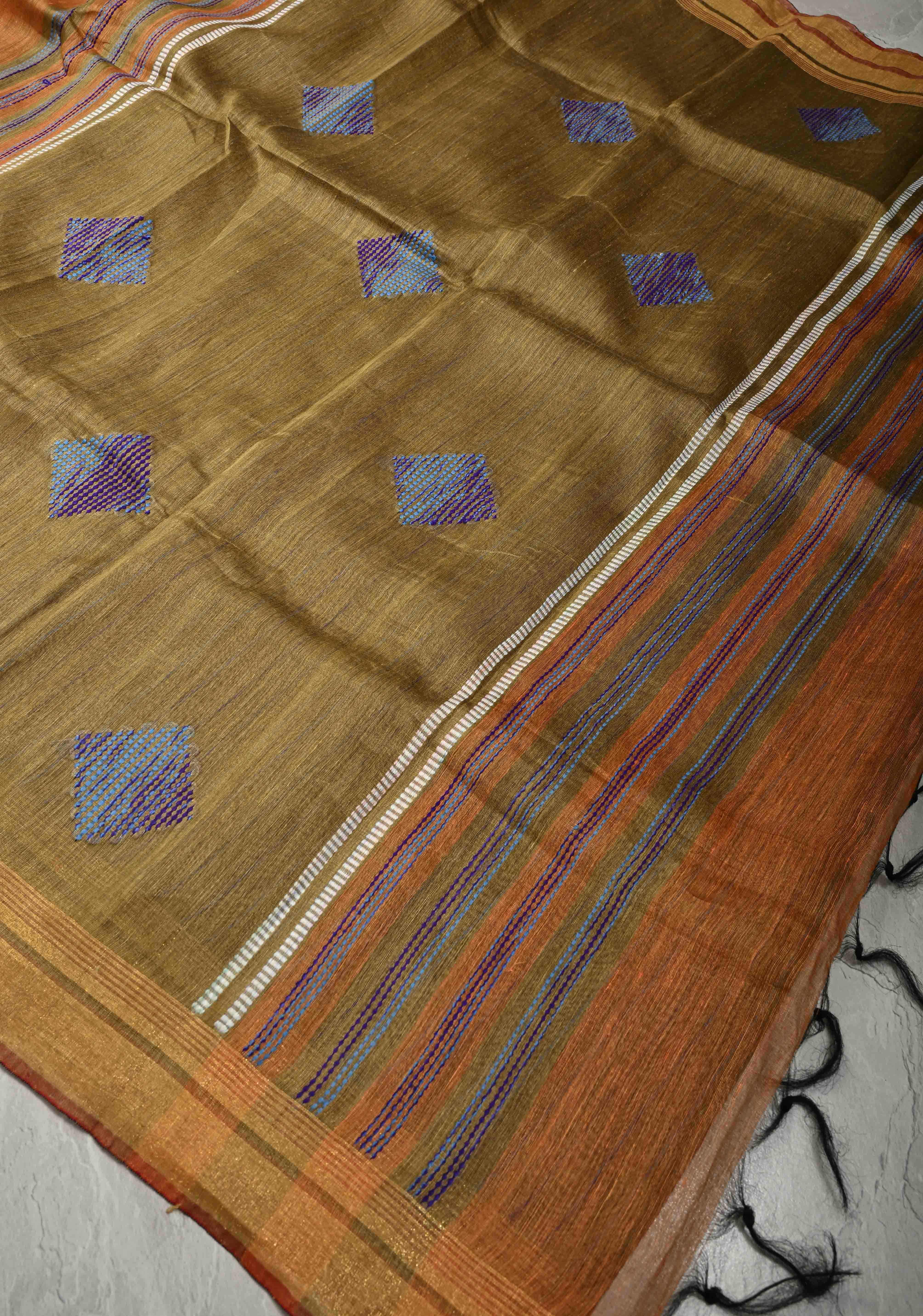 Rust Orange Handwoven Silk Linen Saree with Thread Buttas and Muted Zari Border | Shobitam