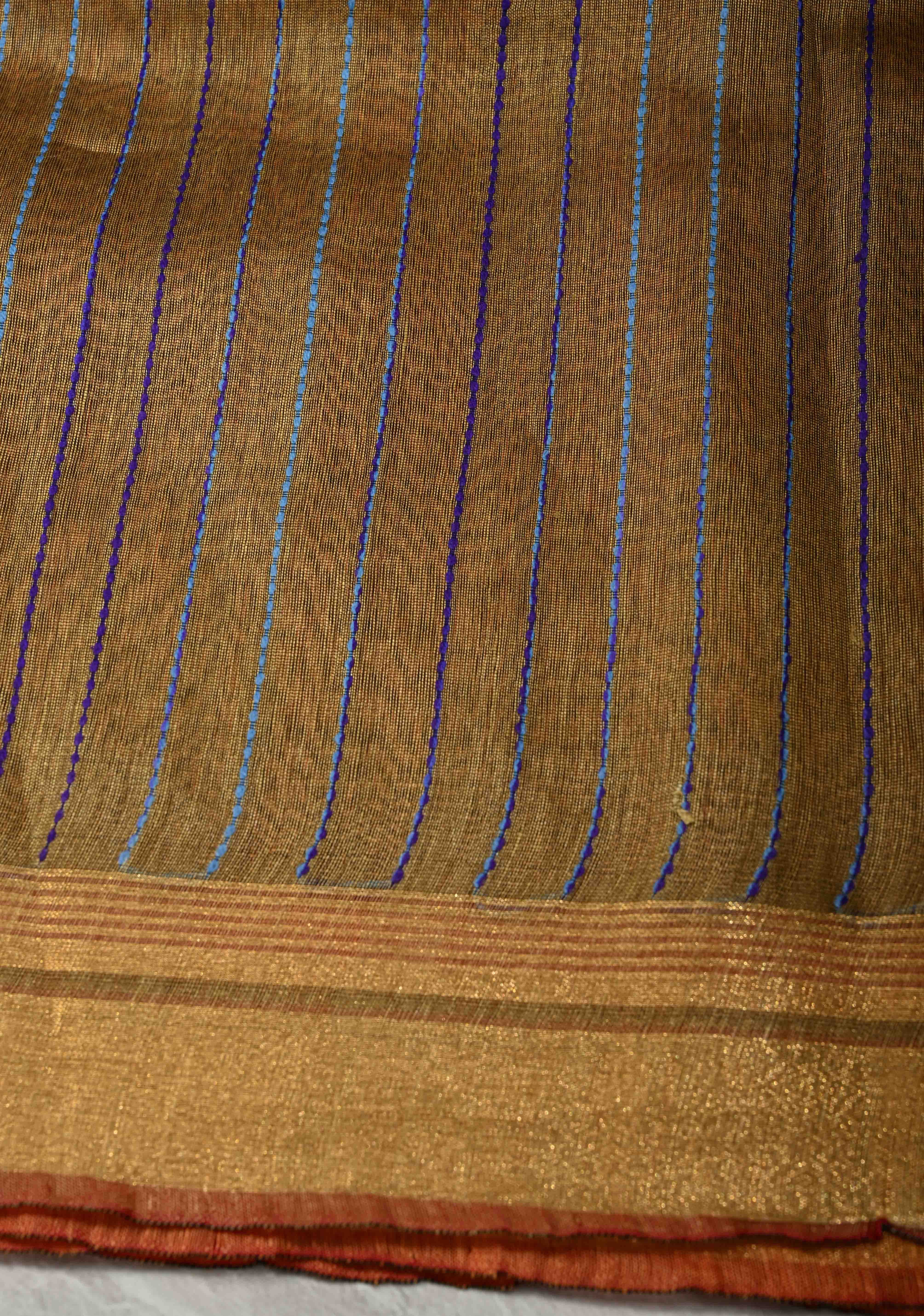 Rust Orange Handwoven Silk Linen Saree with Thread Buttas and Muted Zari Border | Shobitam