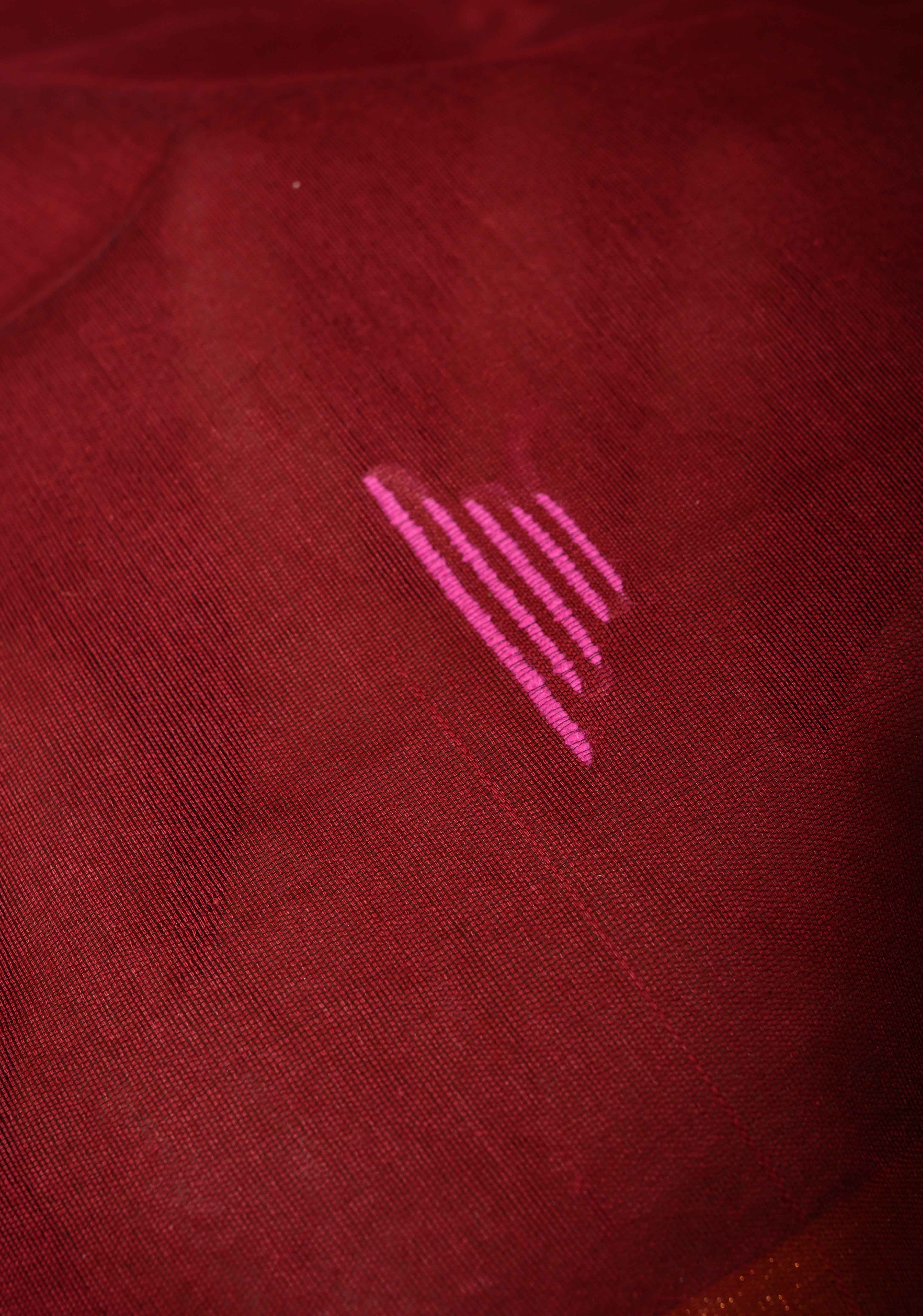Deep Maroon Handwoven Silk Linen Saree with Meenakari Thread Buttas and Muted Minimal Zari Border | Shobitam