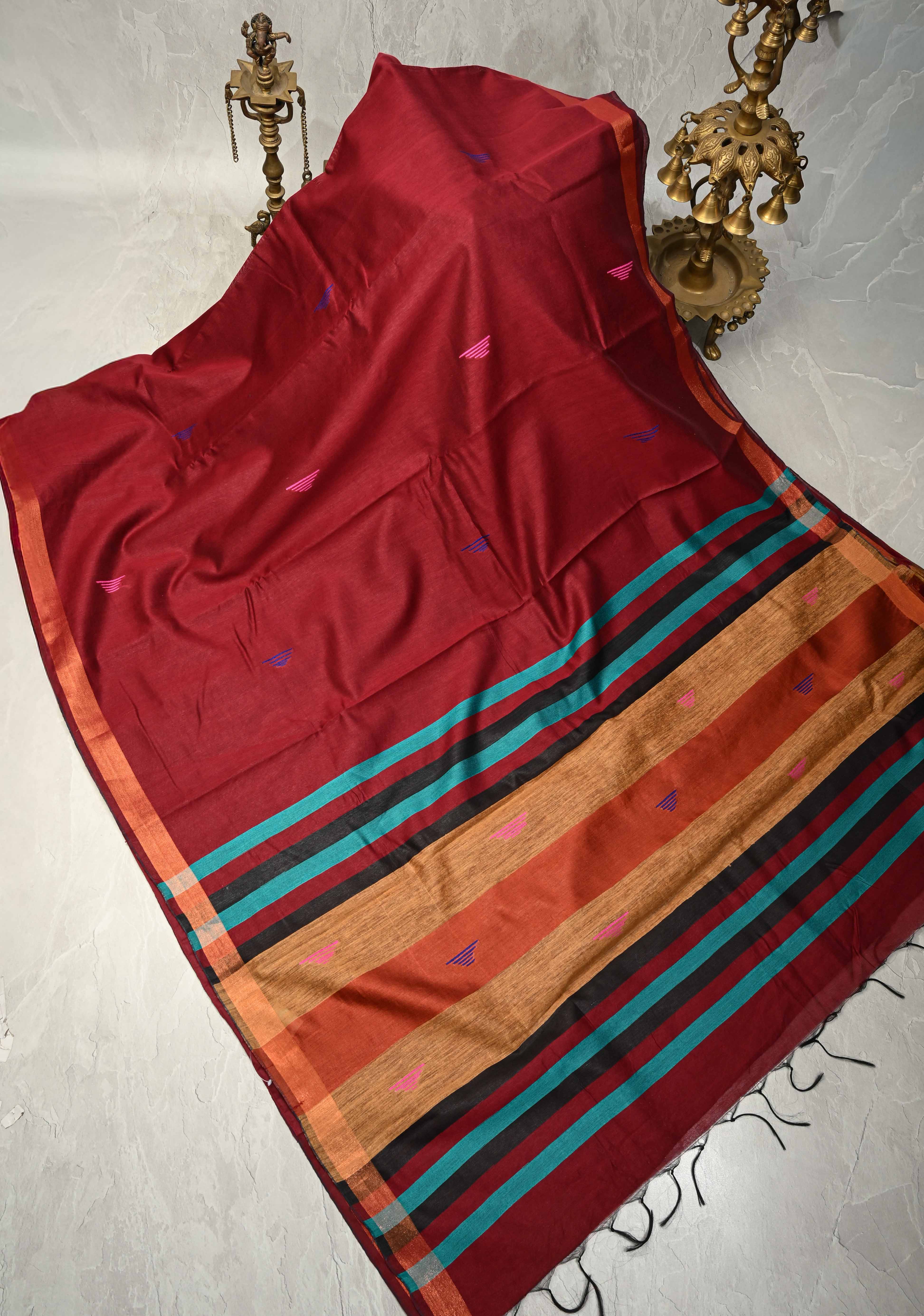 Deep Maroon Handwoven Silk Linen Saree with Meenakari Thread Buttas and Muted Minimal Zari Border | Shobitam