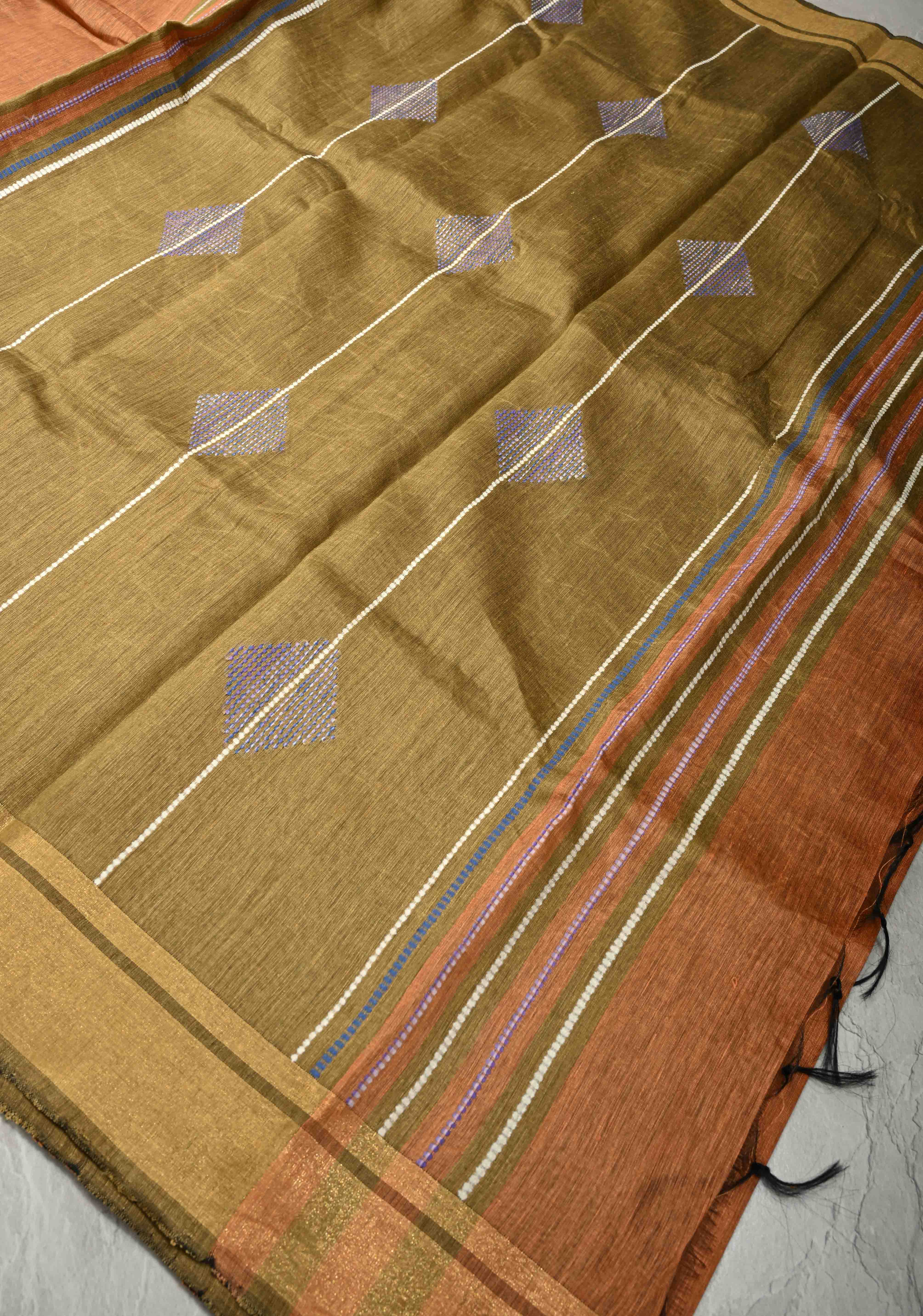 Mustard Orange Handwoven Silk Linen Saree with Thread Buttas and Muted Zari Border | Shobitam