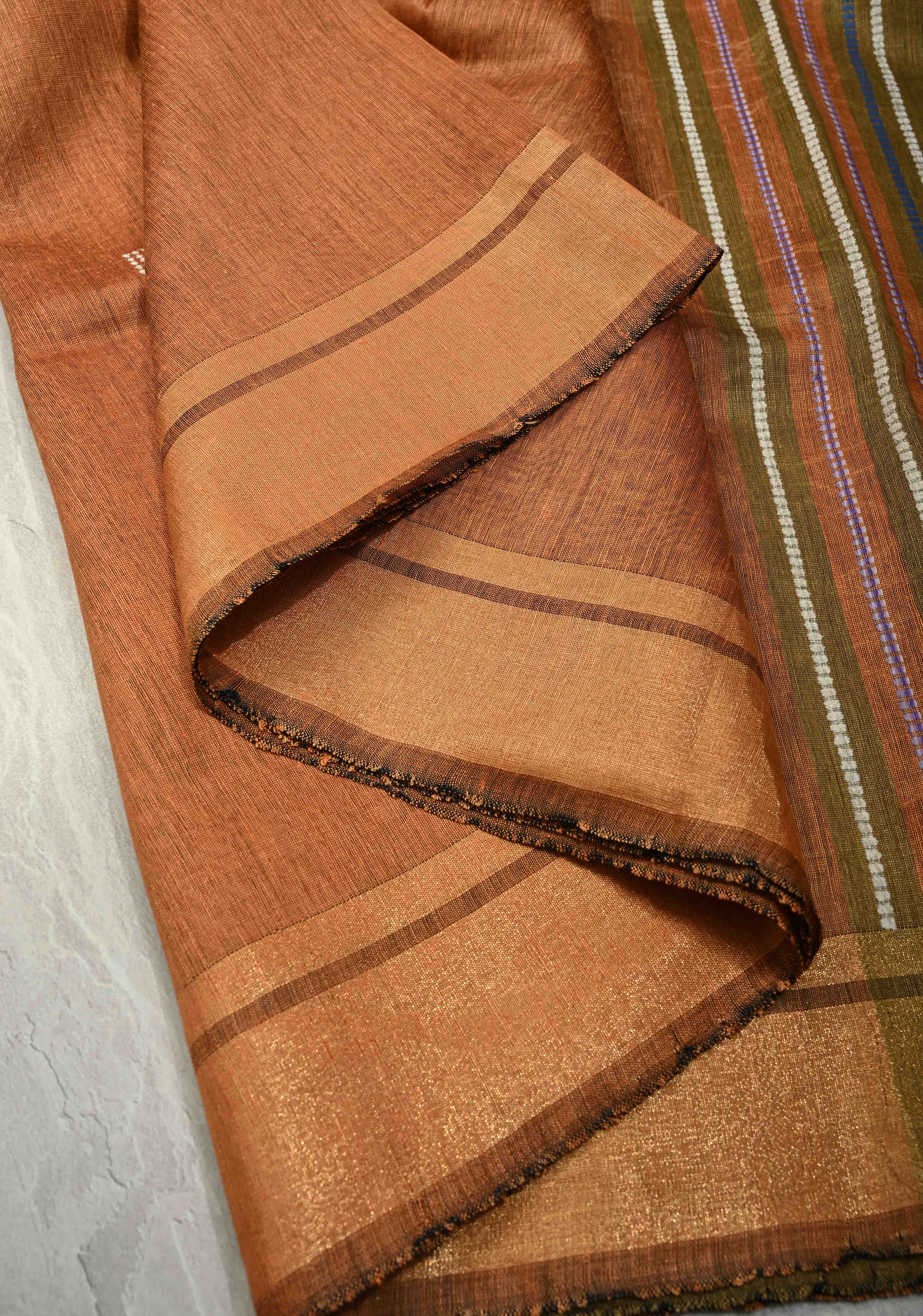 Mustard Orange Handwoven Silk Linen Saree with Thread Buttas and Muted Zari Border | Shobitam