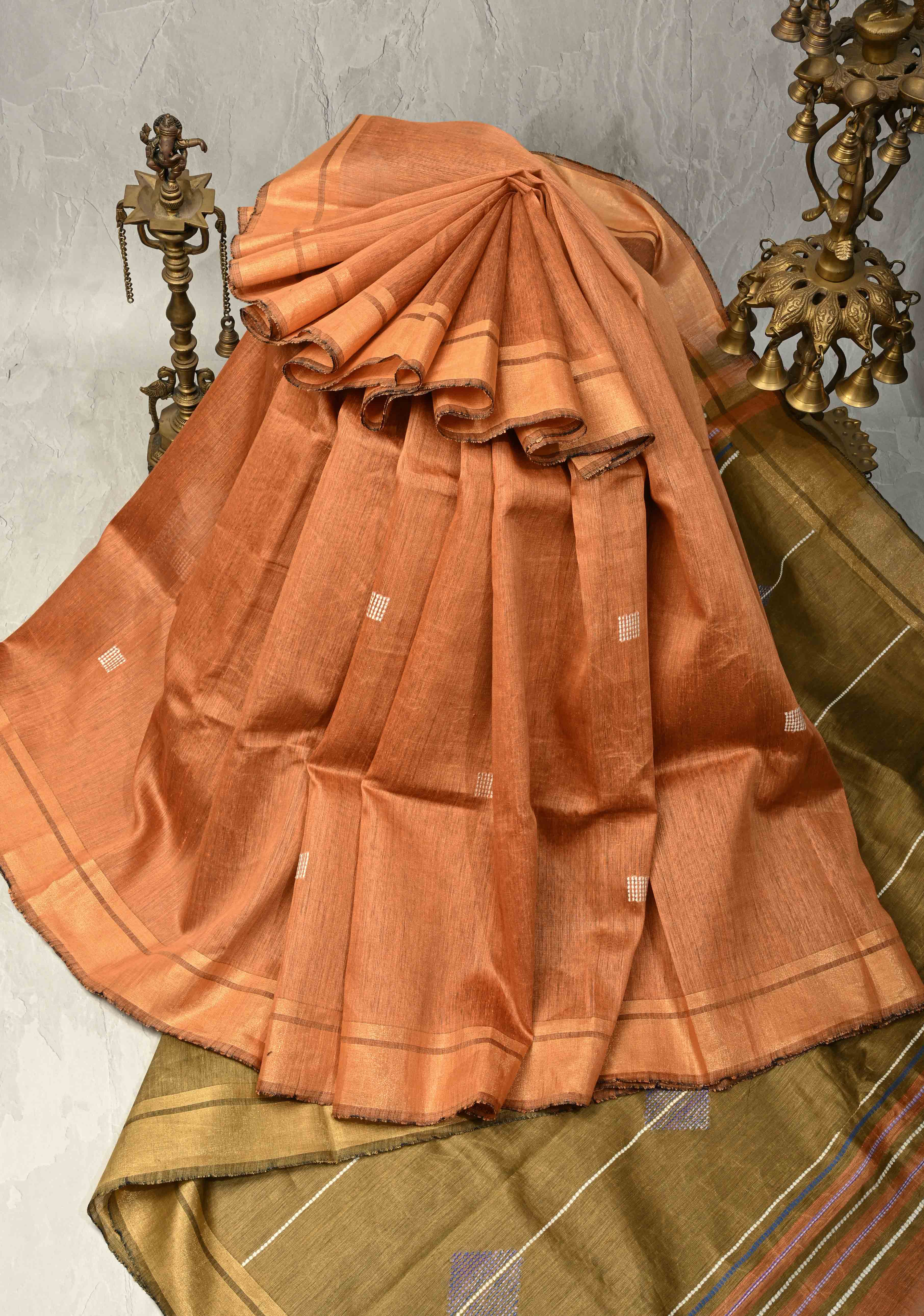 Mustard Orange Handwoven Silk Linen Saree with Thread Buttas and Muted Zari Border | Shobitam