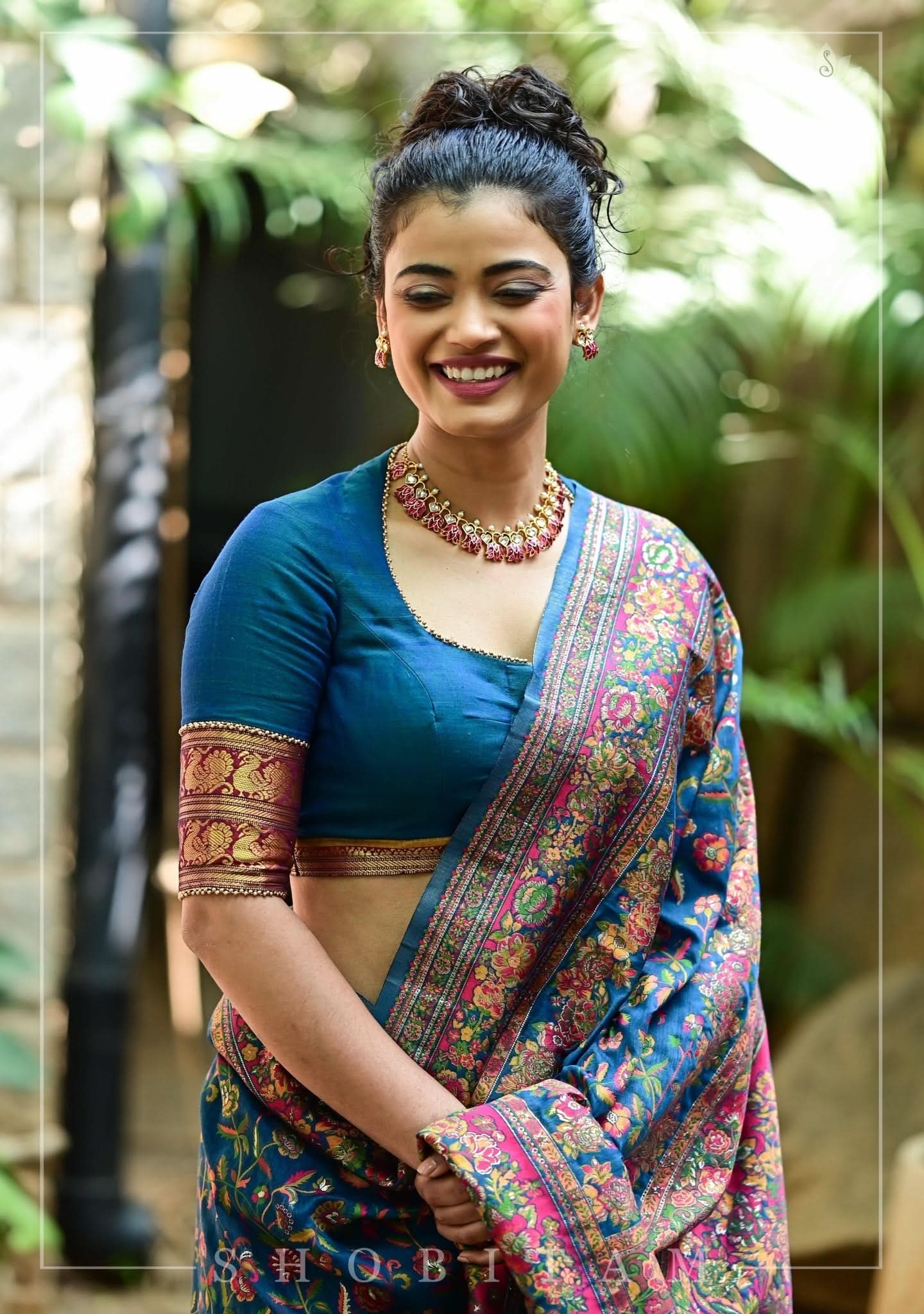 Teal Blue Narayanpet Cotton Blouse with cutout back and zari detailing | Shobitam