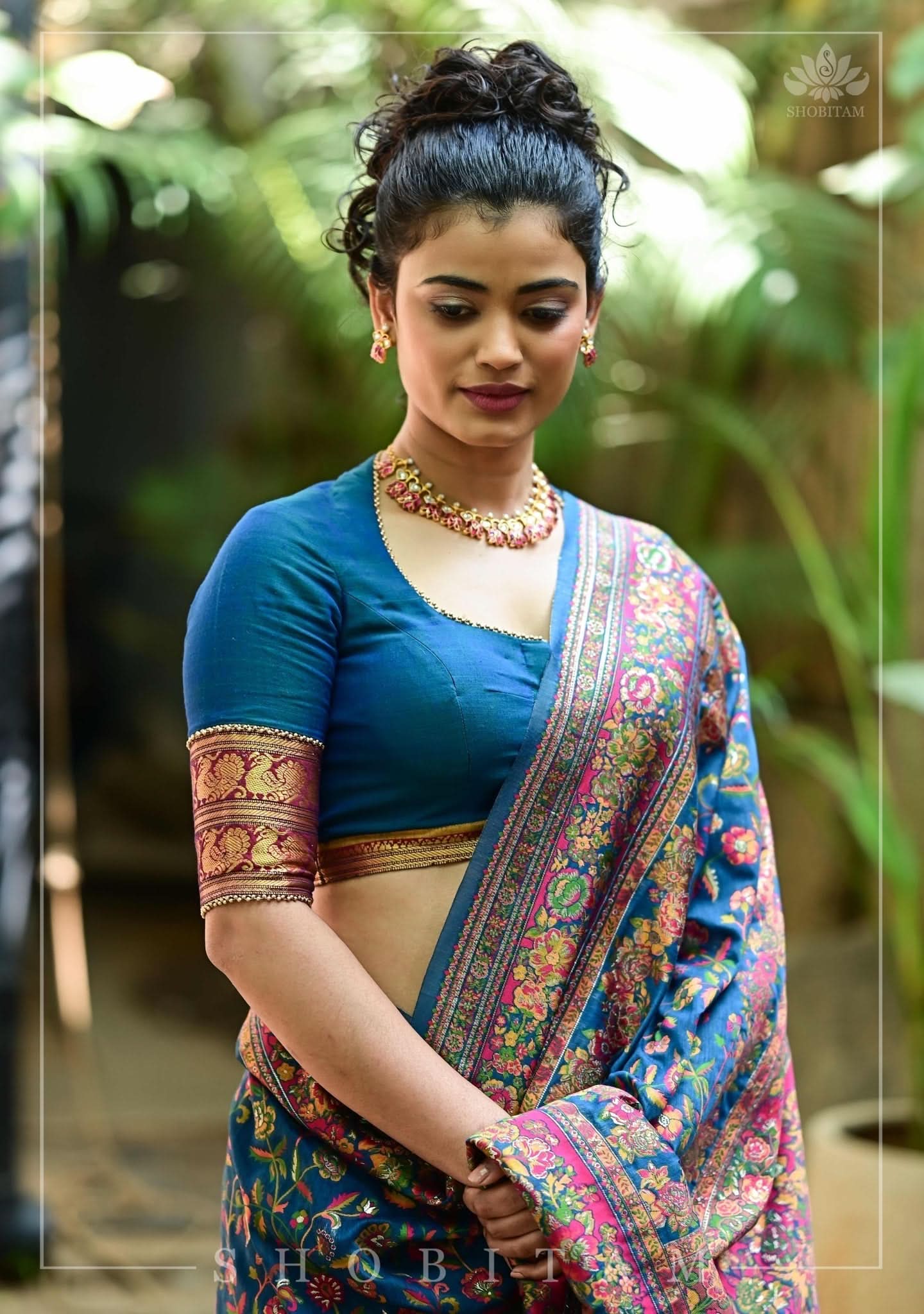 Teal Blue Narayanpet Cotton Blouse with cutout back and zari detailing | Shobitam