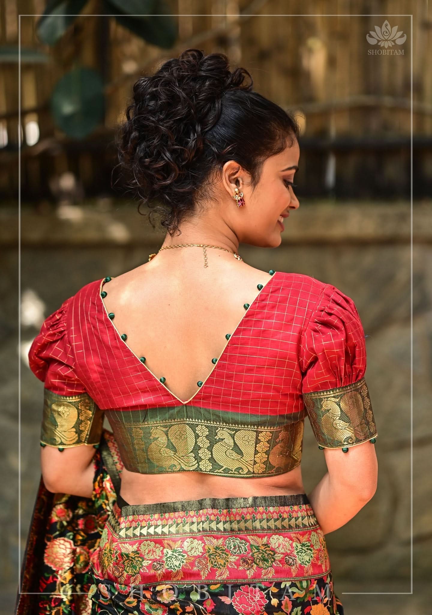 Red Green Plunge Neck Blouse in Chettinadu Cotton with Zari detailing | Shobitam