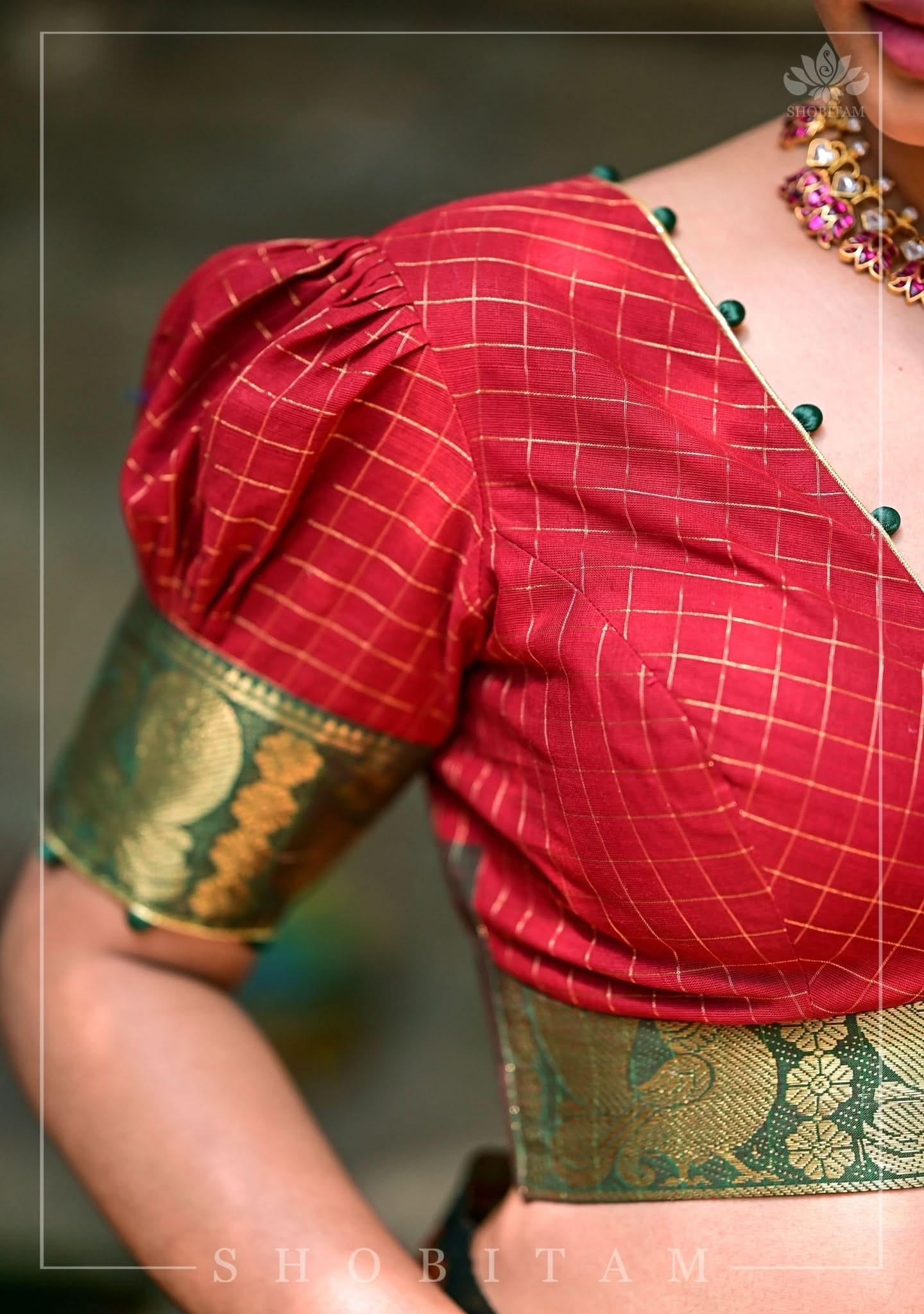 Red Green Plunge Neck Blouse in Chettinadu Cotton with Zari detailing | Shobitam