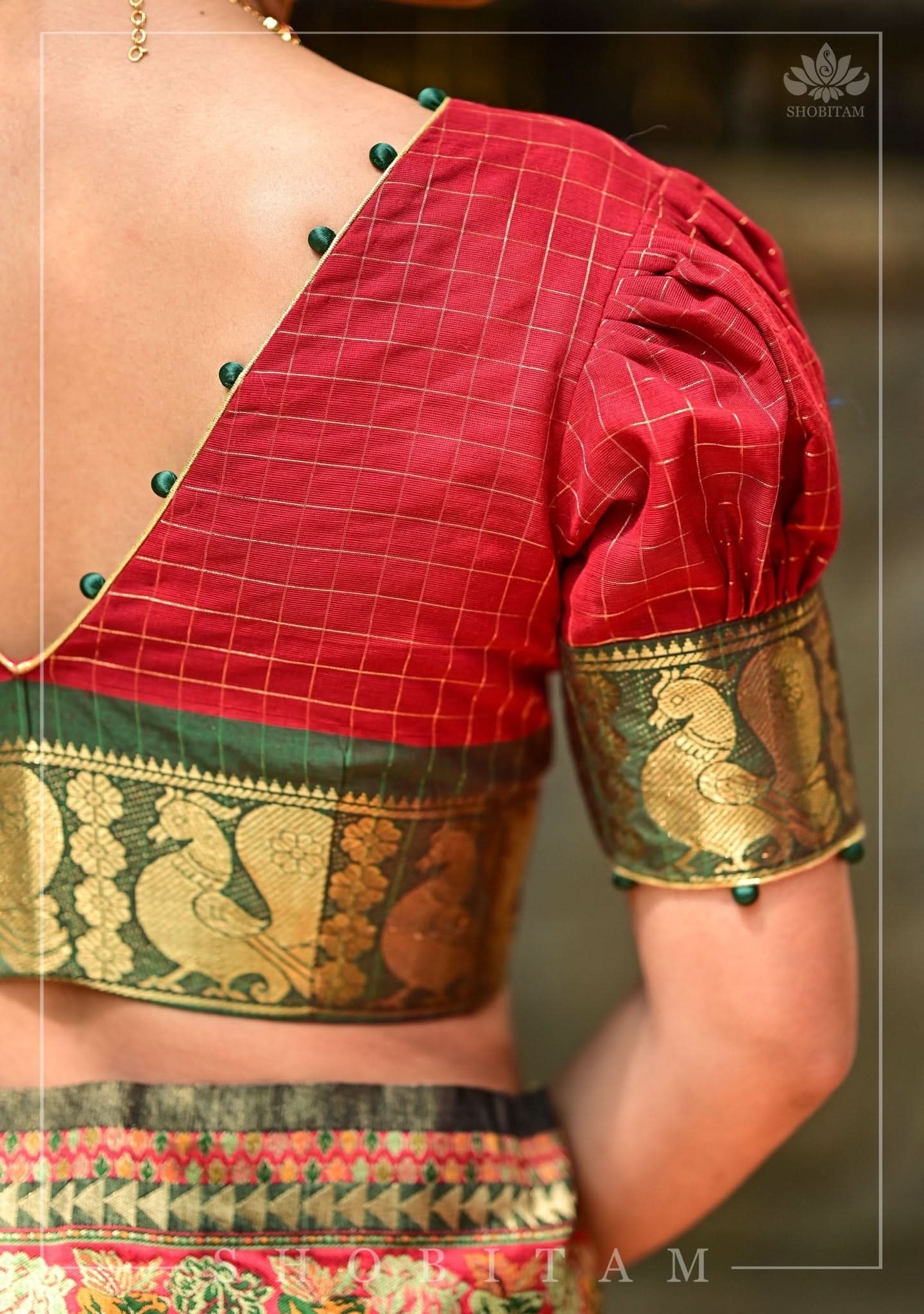 Red Green Plunge Neck Blouse in Chettinadu Cotton with Zari detailing | Shobitam