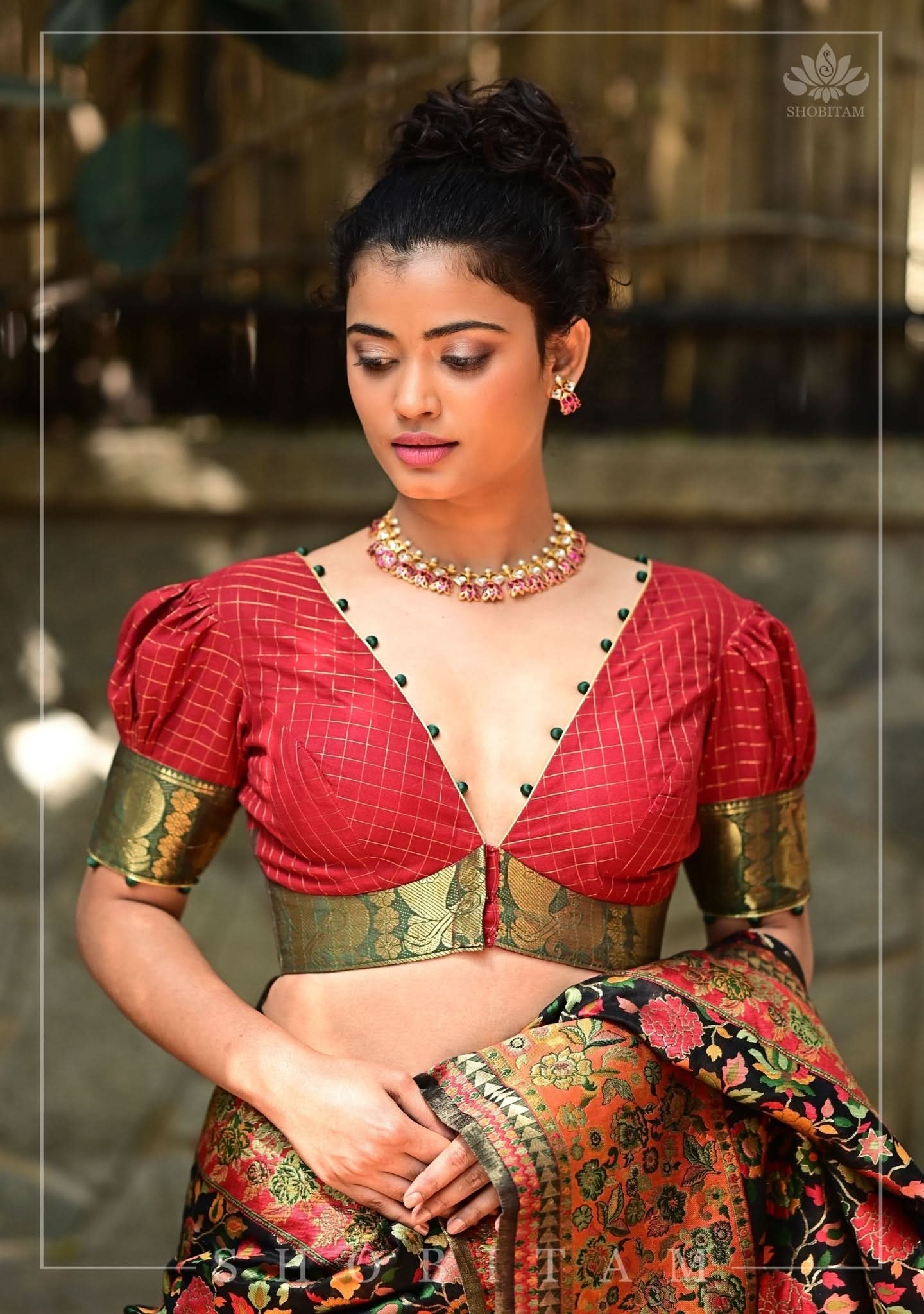 Red Green Plunge Neck Blouse in Chettinadu Cotton with Zari detailing | Shobitam