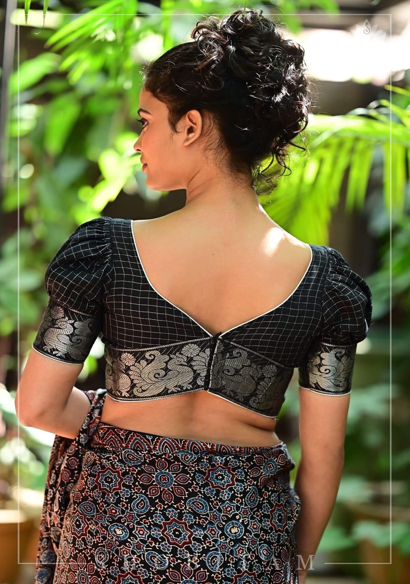 Black Madurai Cotton with SIlver Zari Checks Blouse featuring sweetheart neck and puff sleeves | Shobitam