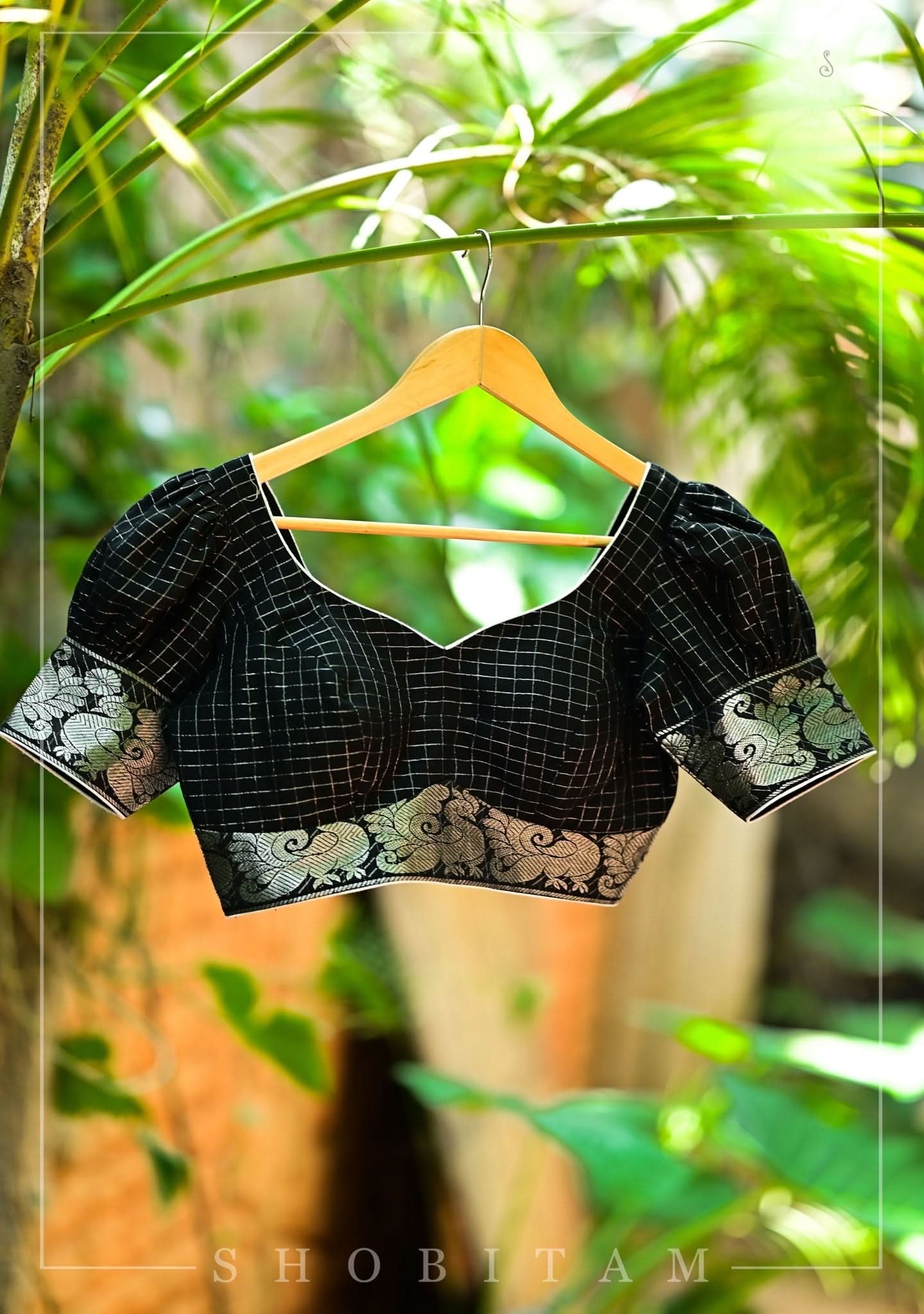 Black Madurai Cotton with SIlver Zari Checks Blouse featuring sweetheart neck and puff sleeves | Shobitam