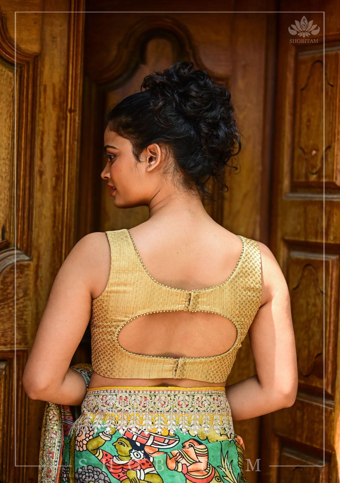 Gold Brocade Cutout back blouse | Shobitam