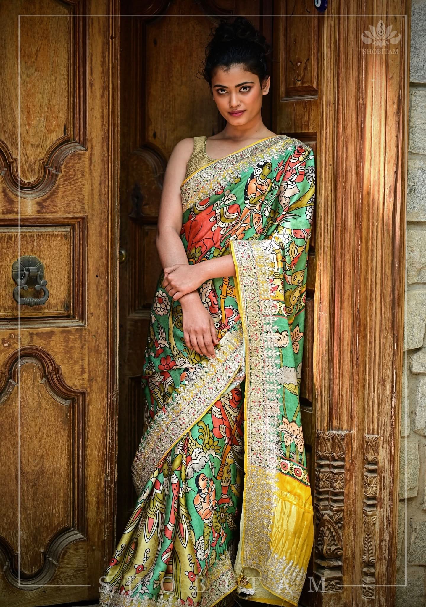 Gajji Silk Saree with Gotta Patti Border and kalamkari Digital Print | Shobitam