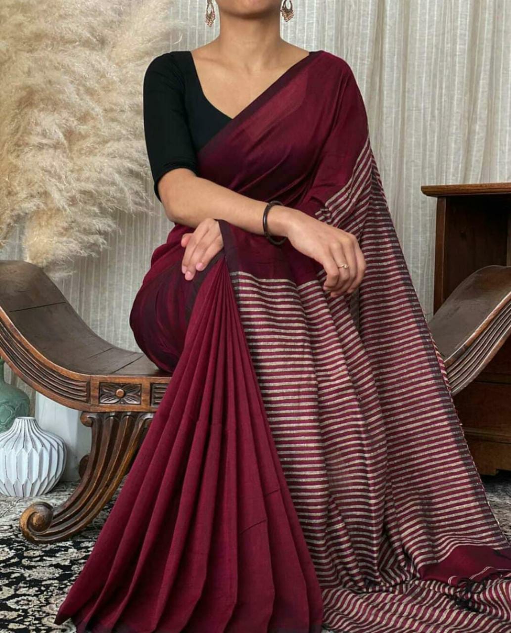 Ready to wear Beautiful Maroon Khadi With Stripes on Pallu Wrap in