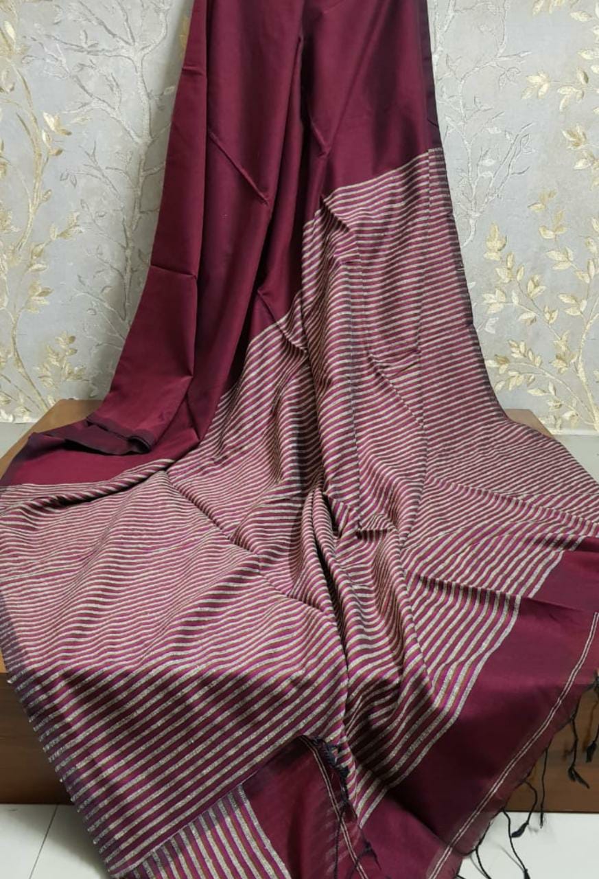 Ready to wear Beautiful Maroon Khadi With Stripes on Pallu  Wrap in 1 minute Saree with Readymade Blouse - Isadora Life