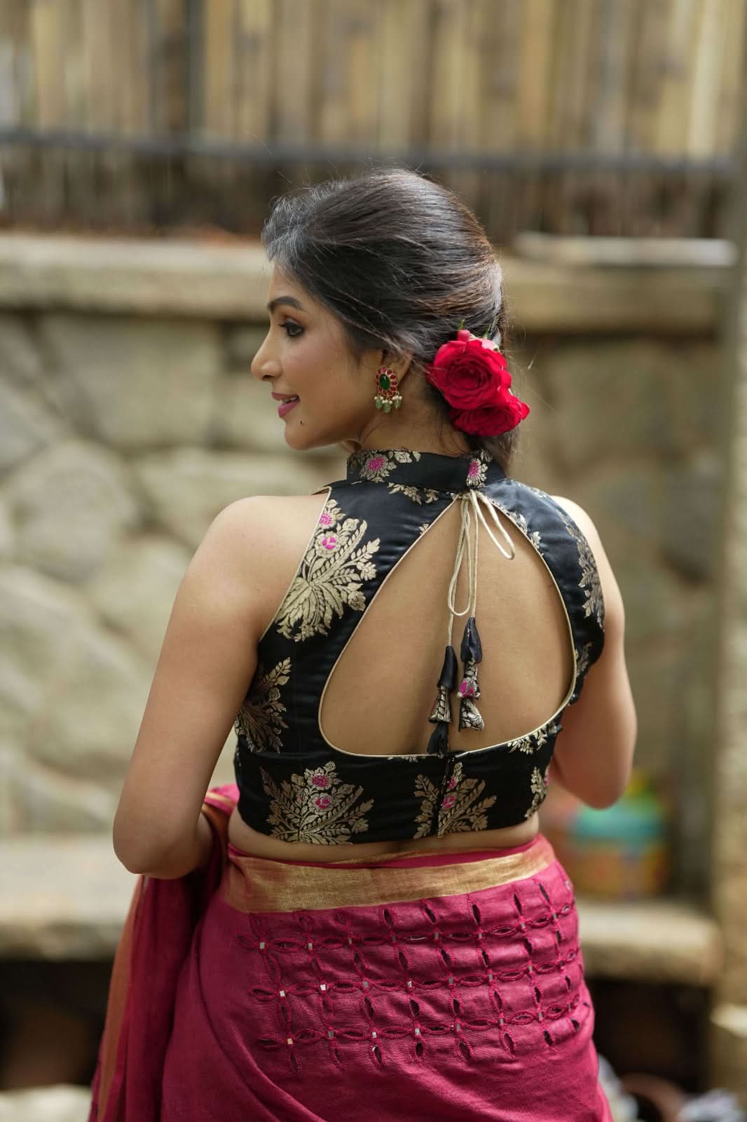 Black Meenakari halter neck mix and match blouse for saree, Made to Order | Shobitam