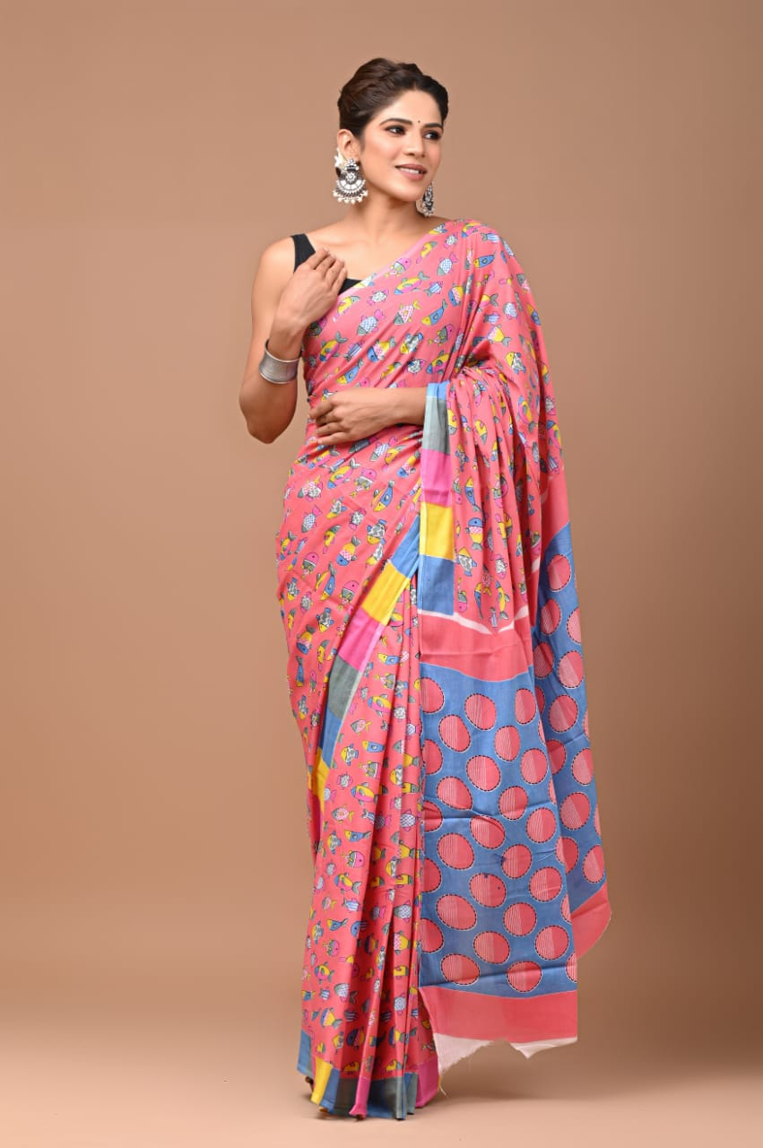 Ready to Wear Pure Mulmul saree With Zari Woven Block Printed Border  & over all Animal print With Tassels