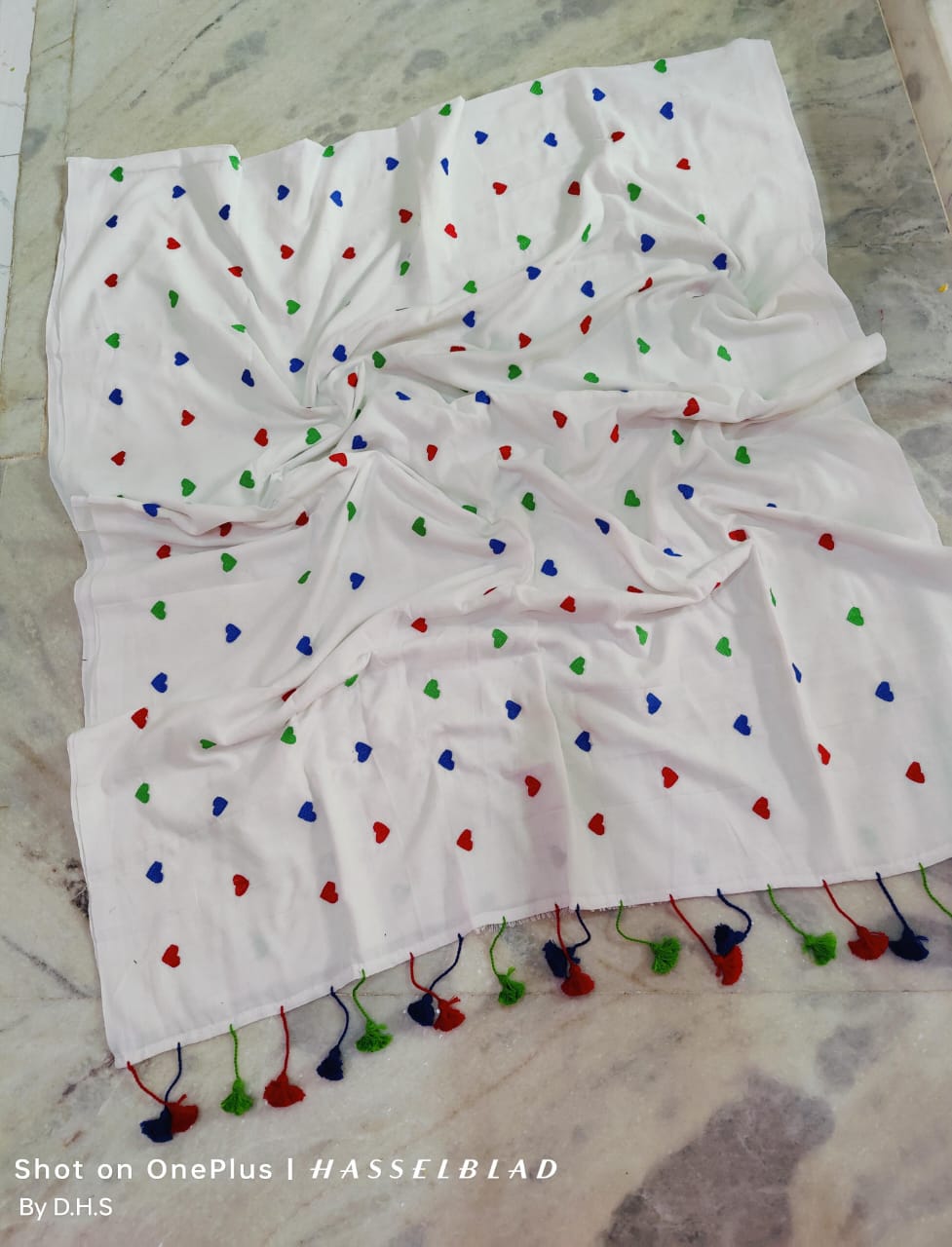 Beautiful  Multicolor Heart Embroidered Overall Soft Khadi Cotton & Tassels On Pallu Ready To Wear Saree