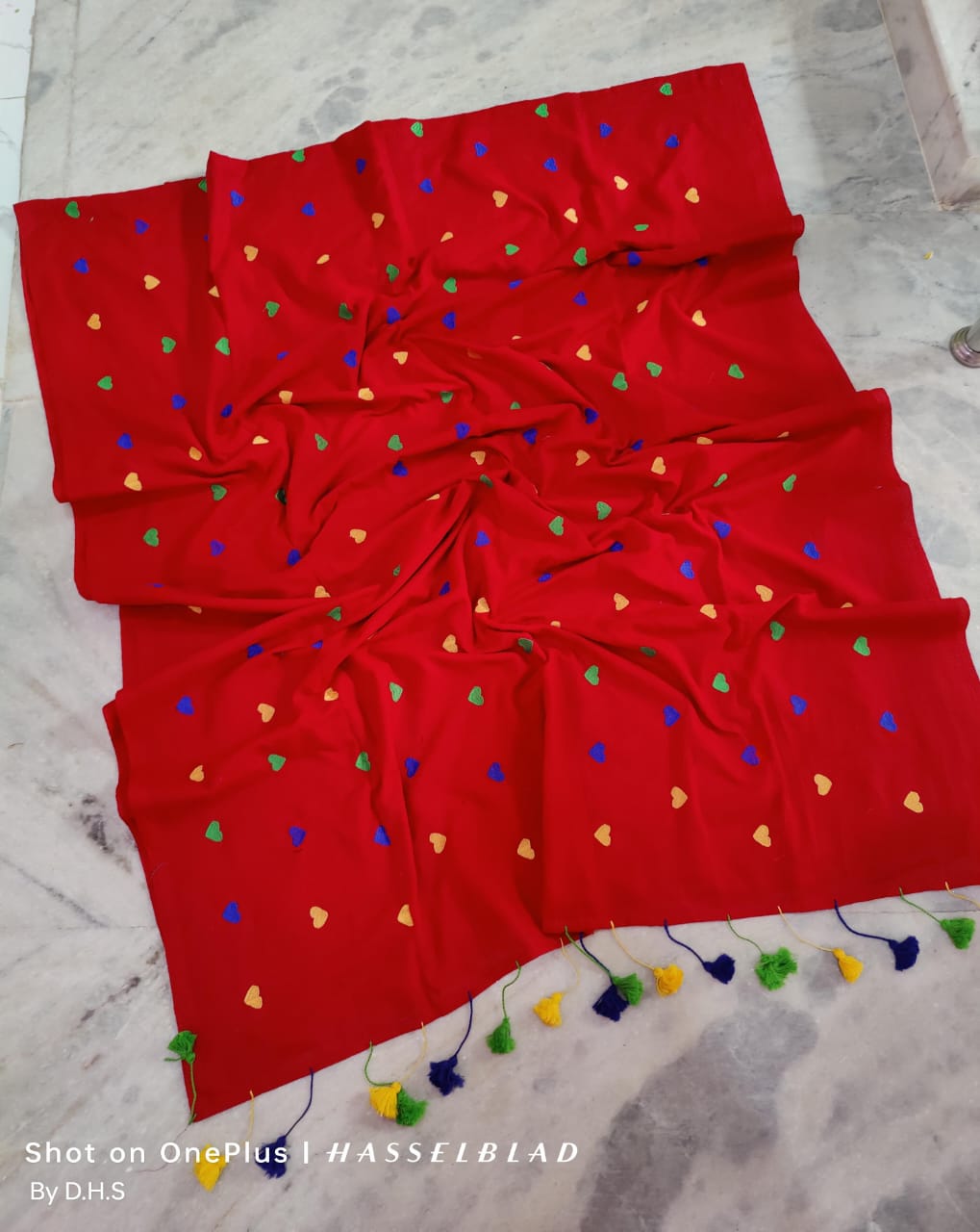 Beautiful Red With  Multicolor Heart Embroidered Overall Soft Khadi Cotton & Tassels On Pallu Ready To Wear Saree