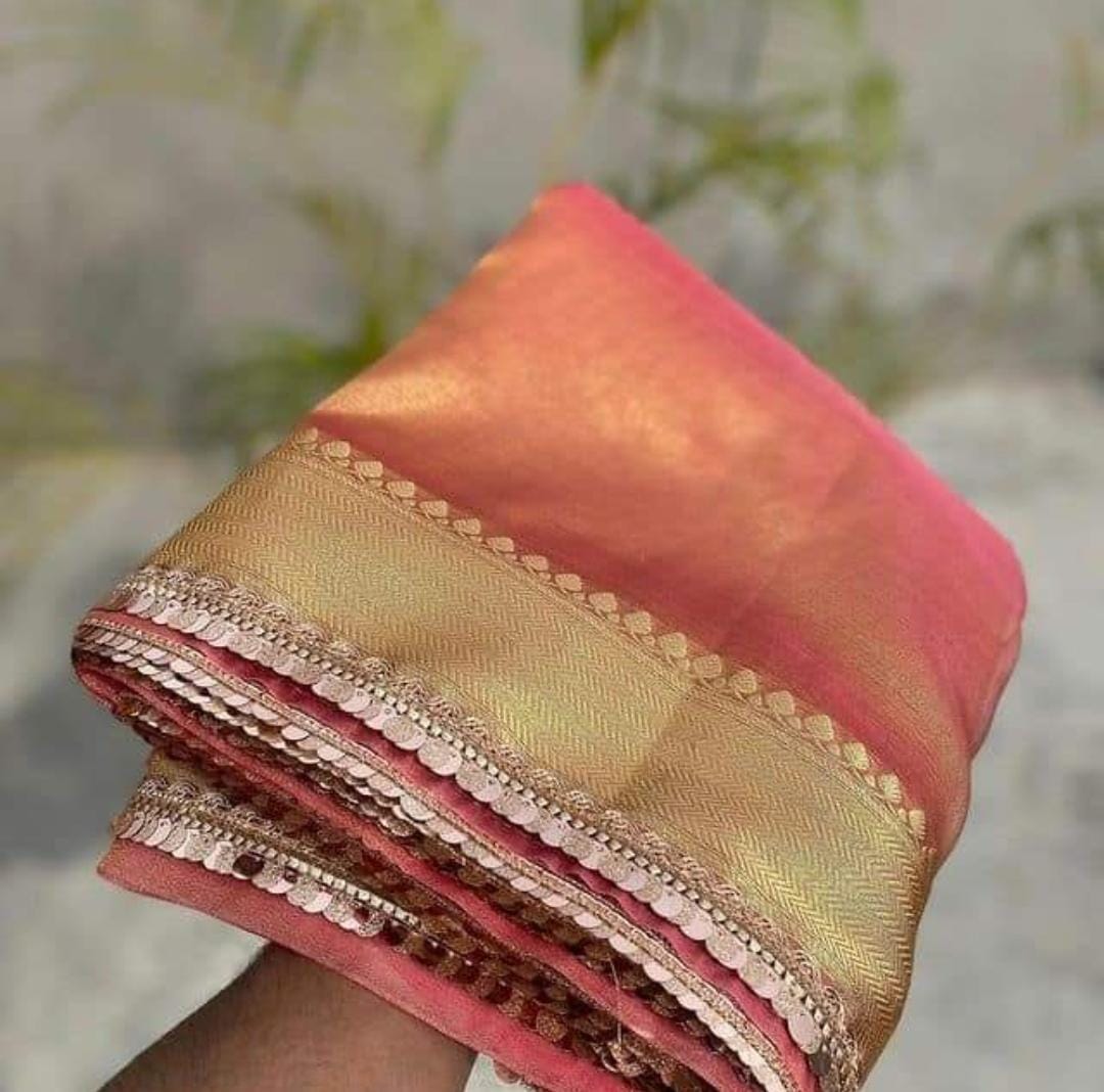 Beautiful Banarasi Gold Tonned Tissue Silk With Zari Woven And Golden Tilkli Lace Wrap In One Minute Saree