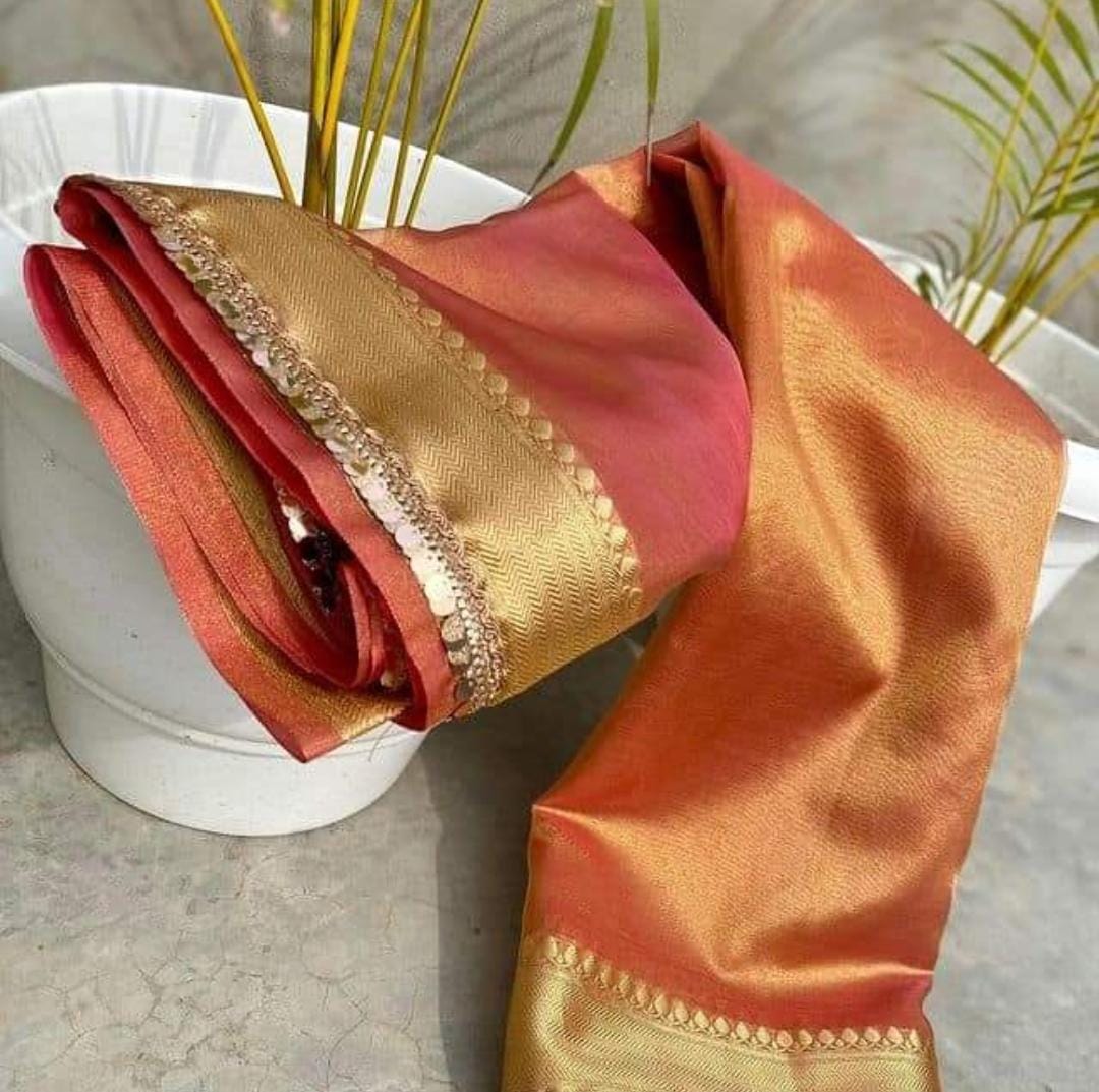 Beautiful Banarasi Gold Tonned Tissue Silk With Zari Woven And Golden Tilkli Lace Wrap In One Minute Saree