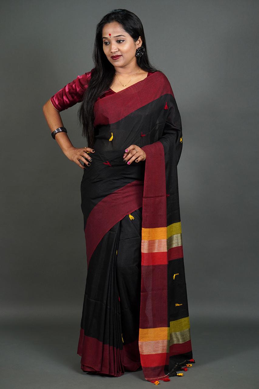 Black And Maroon Pure Mashal Khadi Cotton With Tassel On Pallu Wrap in 1 minute saree