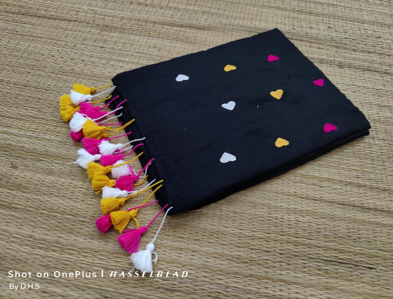 Beautiful Black With  Multicolor Heart Embroidered Overall Soft Khadi Cotton & Tassels On Pallu Ready To Wear Saree
