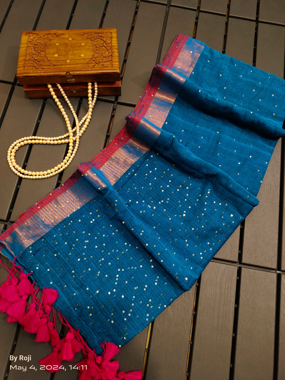 Beautiful Cobalt Blue  Party Style Mulmul Cotton With Sequin Overall & Zari Woven Border Tassel on palla Ready To Wear Saree