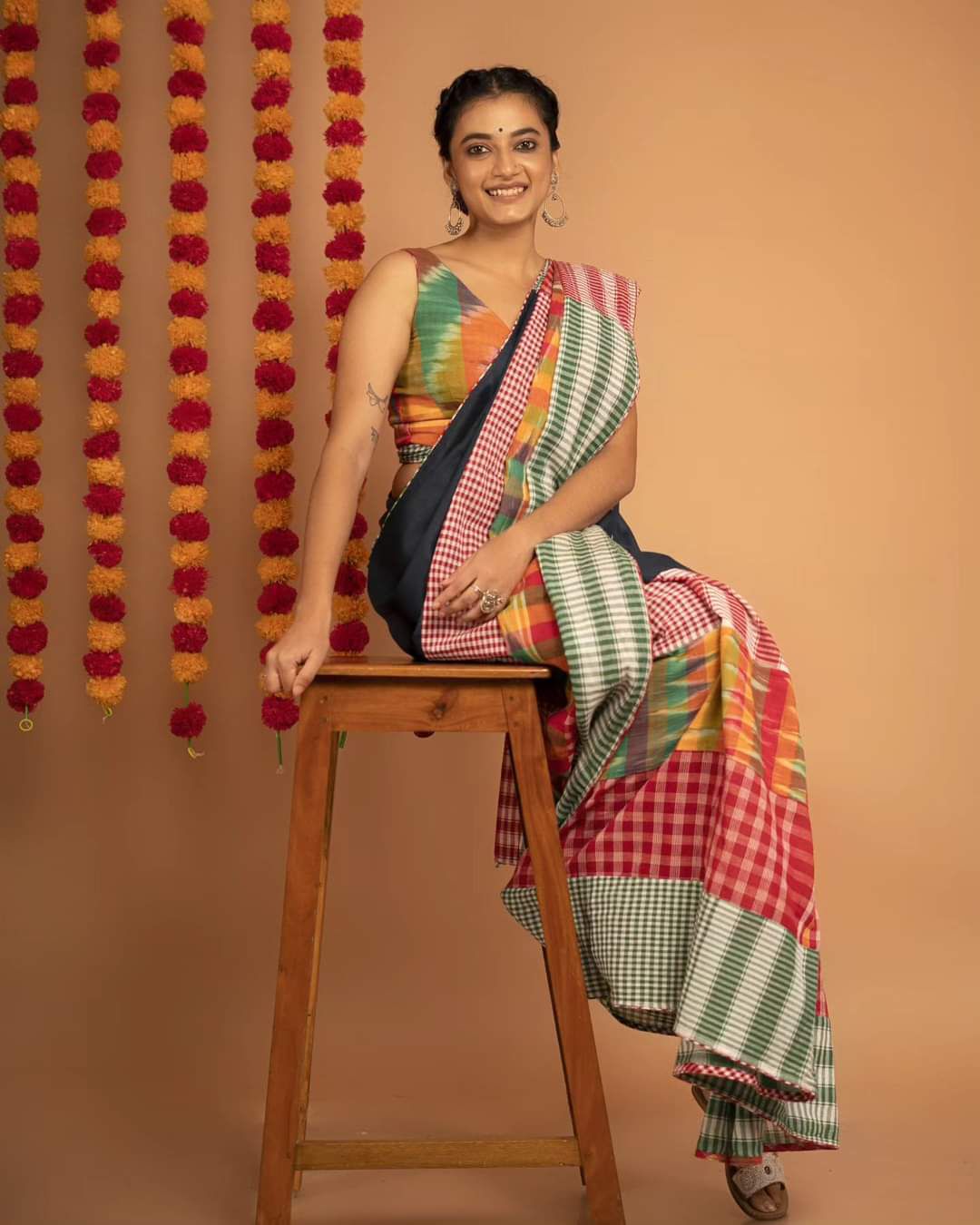 Pure Cotton Bengali Style Gadwal  Checks On Palla And  At Bottom Ready To Wear Saree