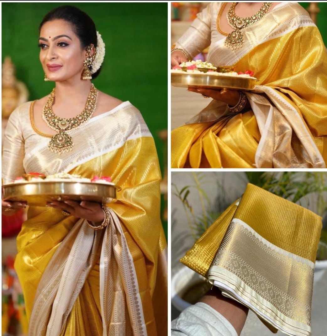 Beautiful Banarasi Tissue With Contrast Border & All over Zari Woven Prestitched Saree